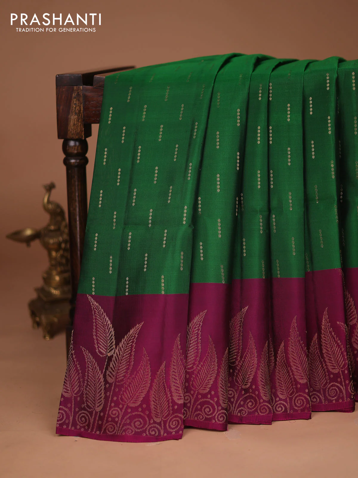 Kanchipuram soft silk saree green and dark magenta pink with allover zari woven buttas and long zari woven leaf border