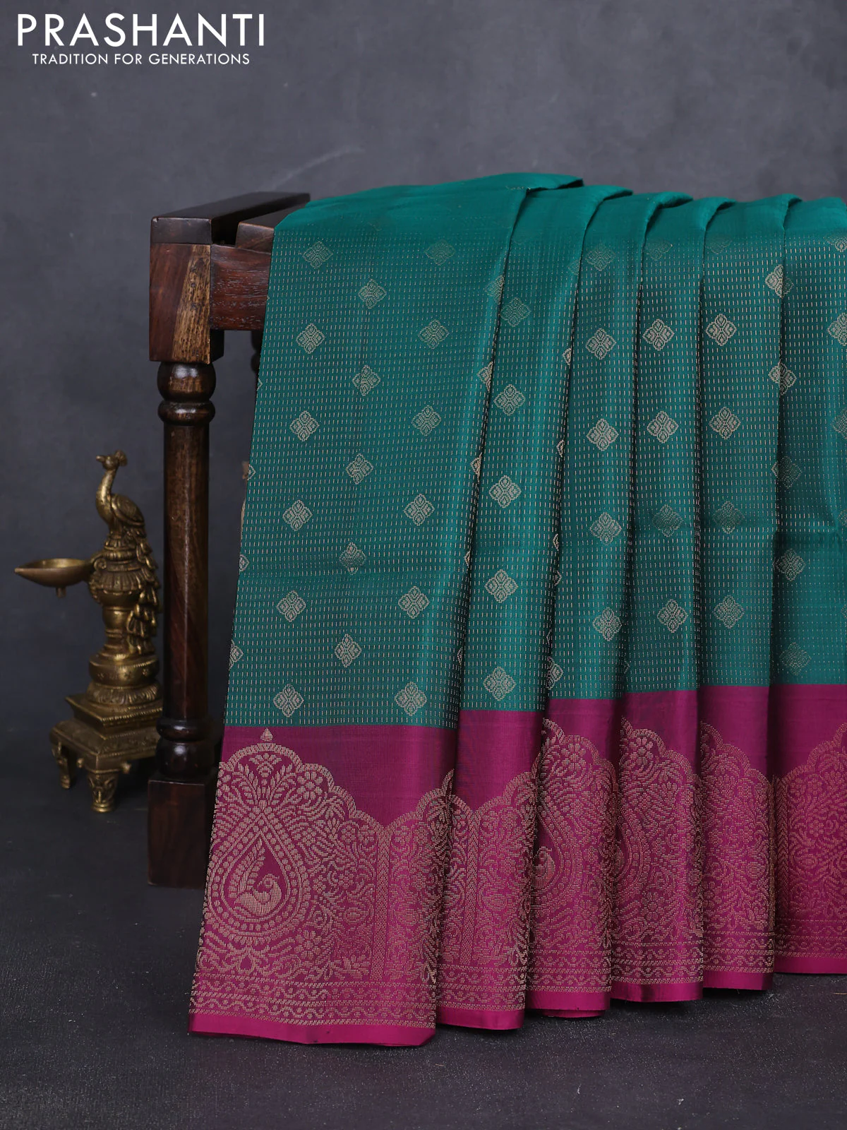 Kanchipuram soft silk saree green and magenta pink with allover zari stripes & buttas and long zari woven border