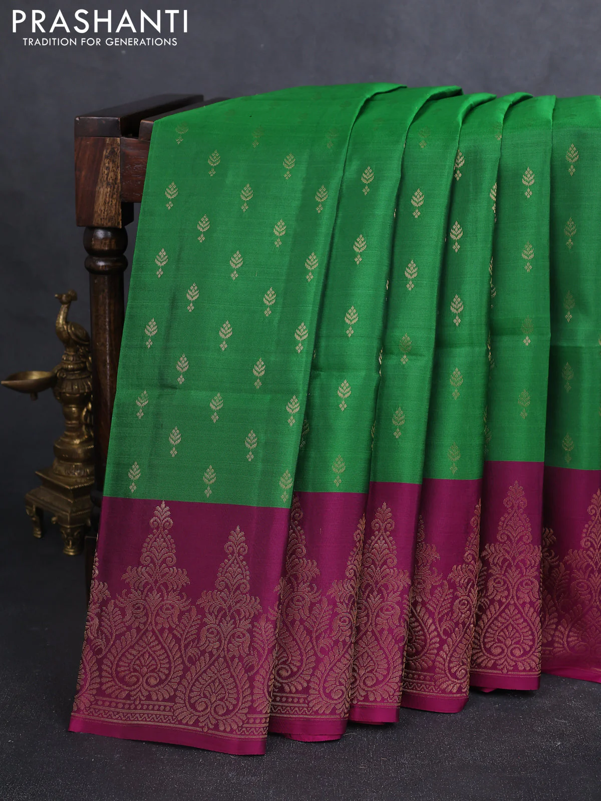 Kanchipuram soft silk saree green and magenta pink with allover zari woven buttas and long zari woven border