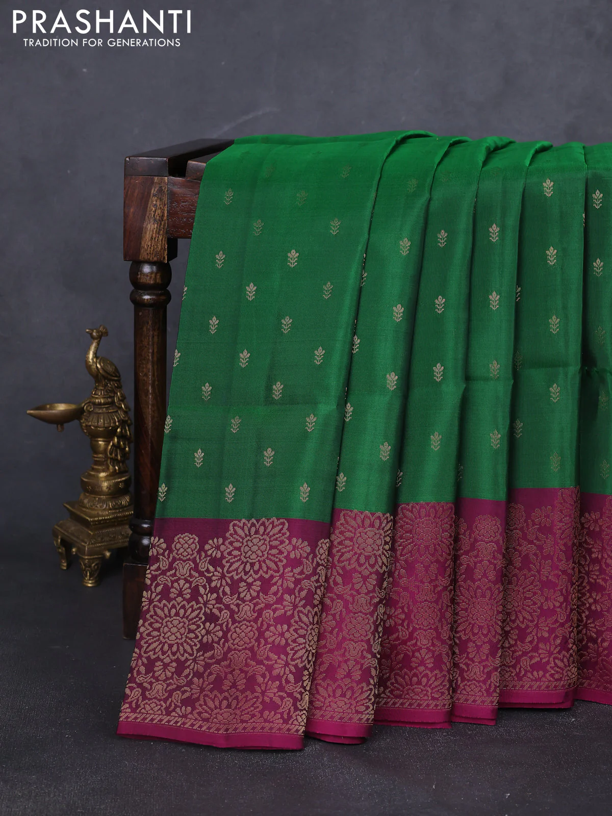 Kanchipuram soft silk saree green and magenta pink with allover zari woven buttas and zari woven border