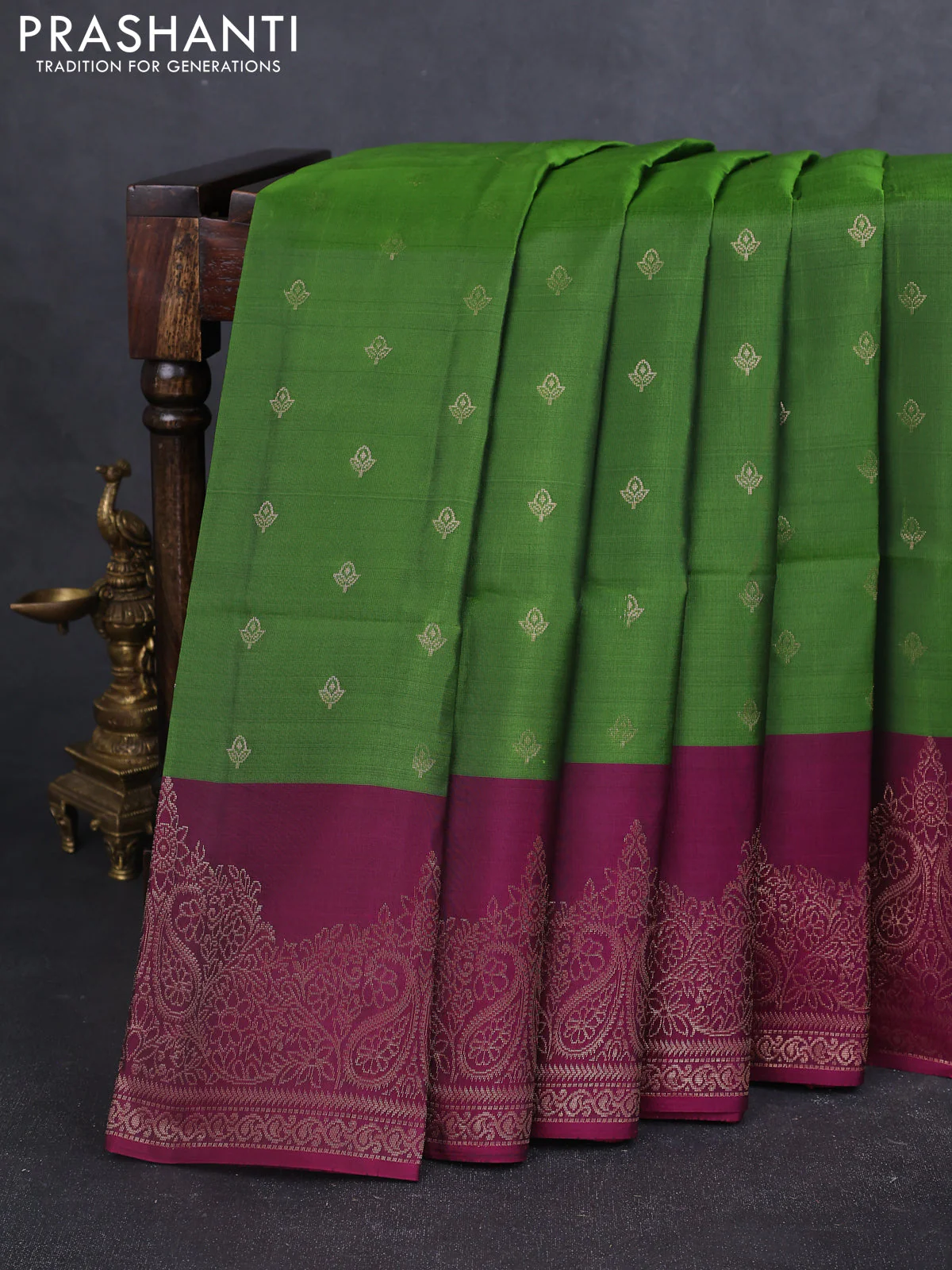 Kanchipuram soft silk saree green and magenta pink with allover zari woven buttas and zari woven border
