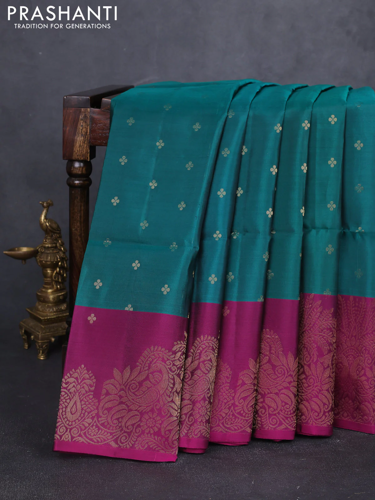 Kanchipuram soft silk saree green and megenta pink with allover zari woven buttas and long zari woven border