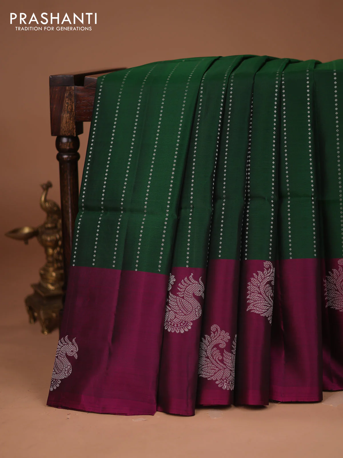 Kanchipuram soft silk saree green and purple with allover silver zari weaves and long silver zari woven annam border