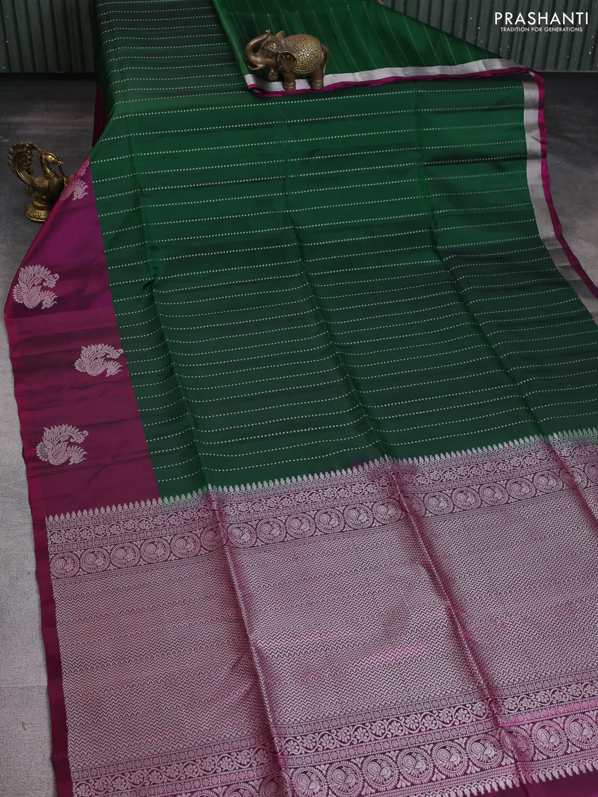 Kanchipuram soft silk saree green and purple with allover silver zari weaves and long silver zari woven annam border - Image 2