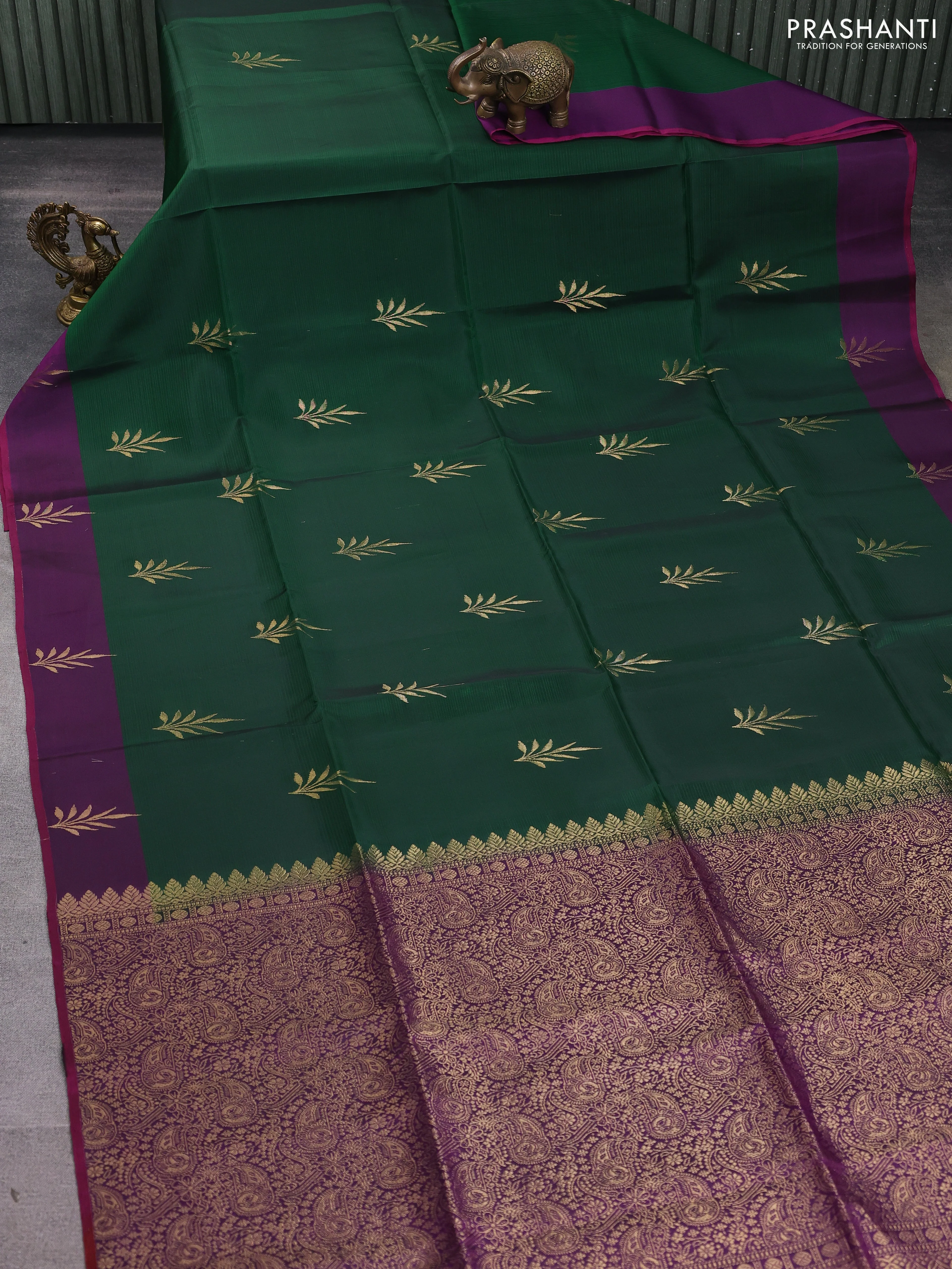 Kanchipuram soft silk saree green and purple with zari woven buttas and zari woven butta border - Image 2