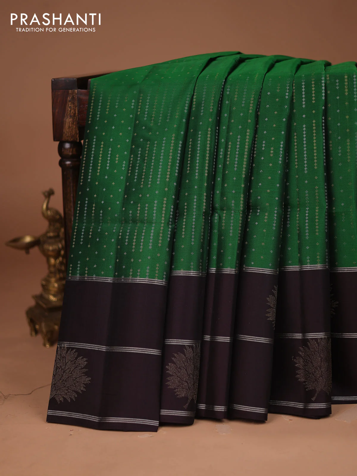 Kanchipuram soft silk saree green and wine shade with allover silver & gold zari weaves and zari woven butta border