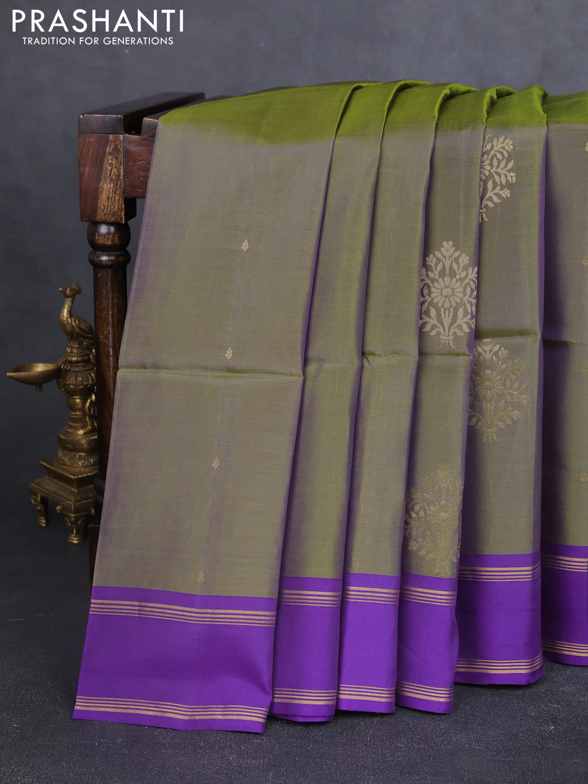 Kanchipuram soft silk saree green shade and violet with zari woven buttas and rettapet zari woven border