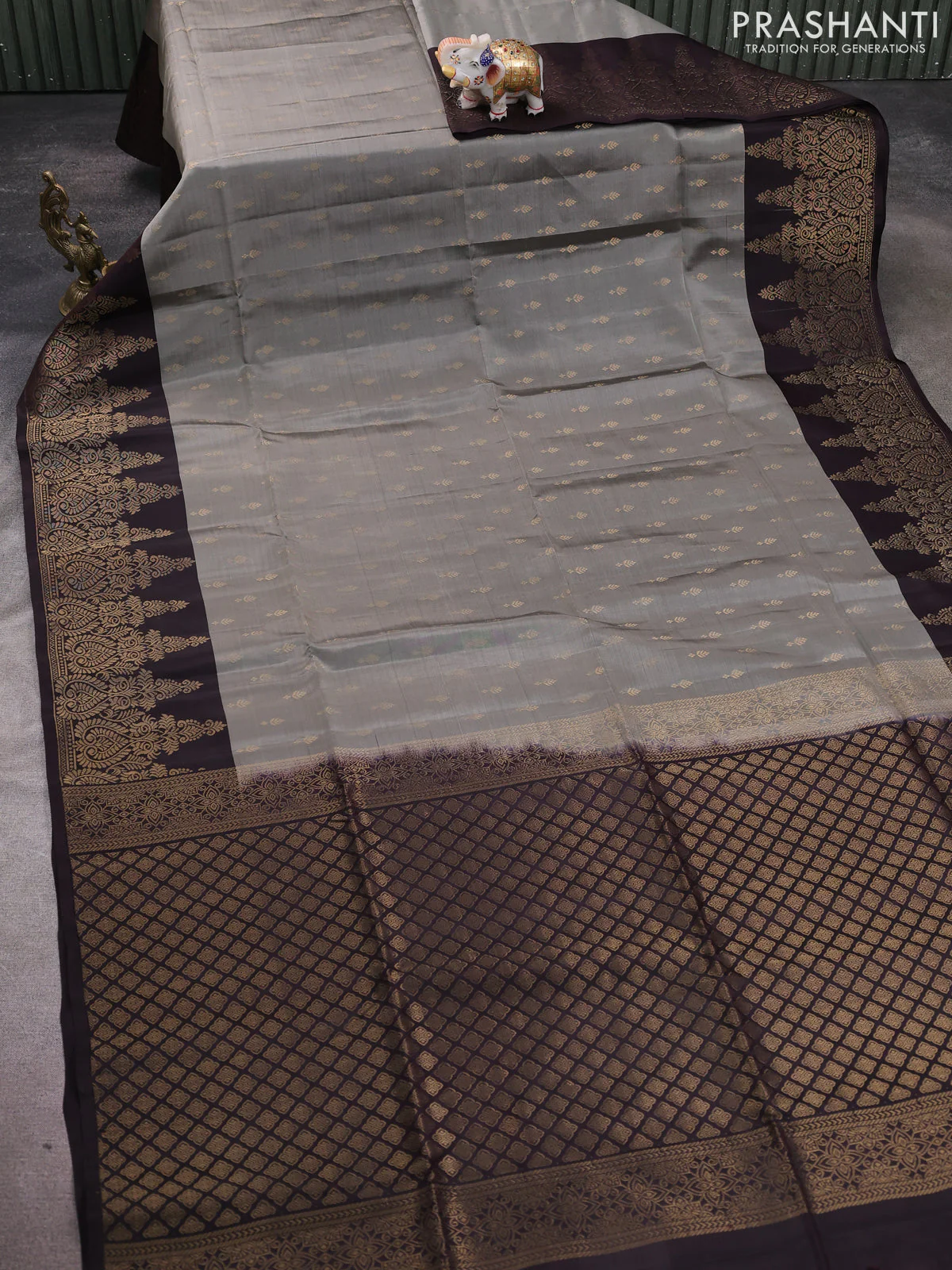 Kanchipuram soft silk saree grey and coffee brown with allover zari woven buttas and long zari woven border - Image 2