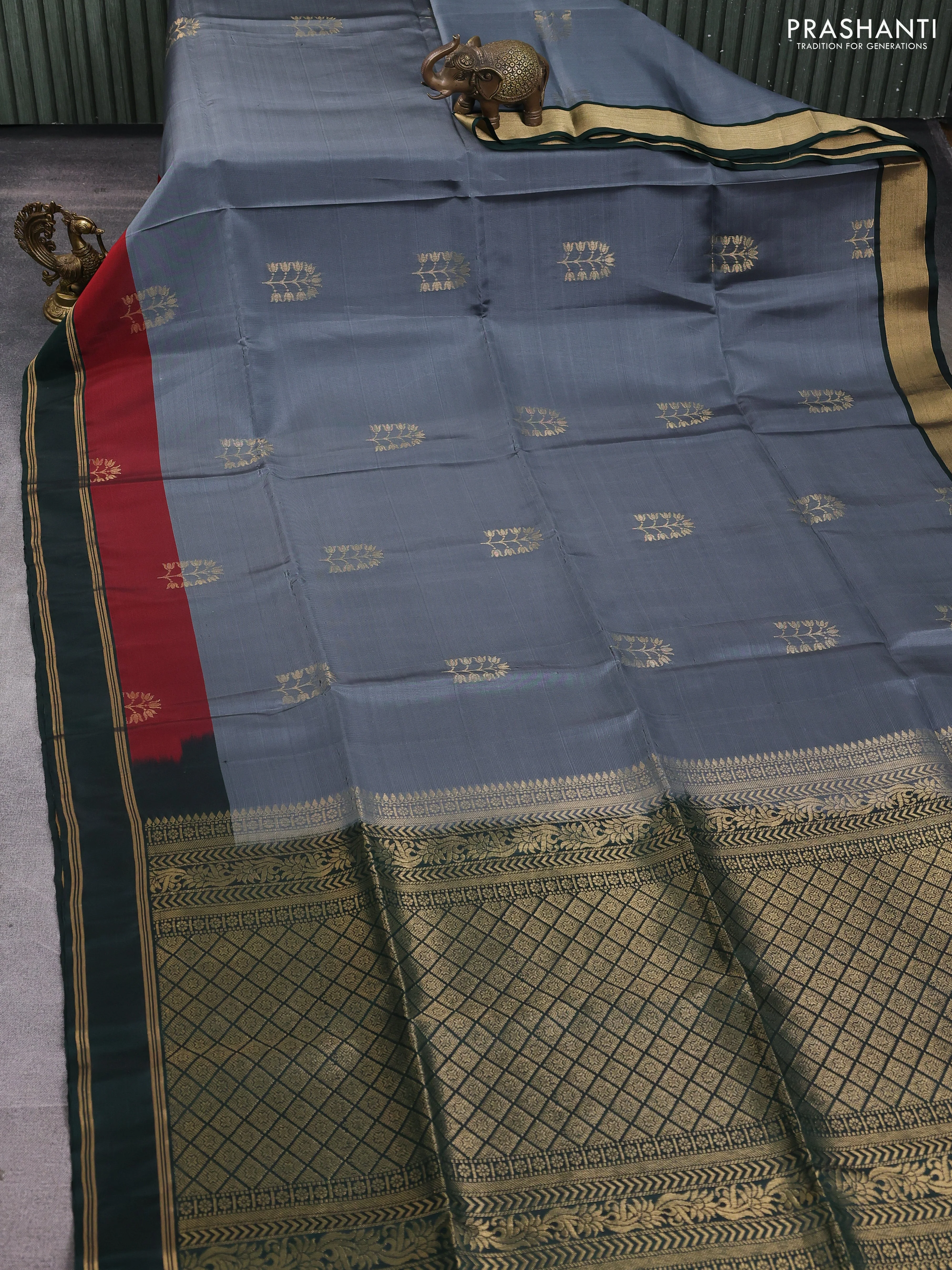 Kanchipuram soft silk saree grey and green with zari woven buttas and rettapet zari woven border - Image 2