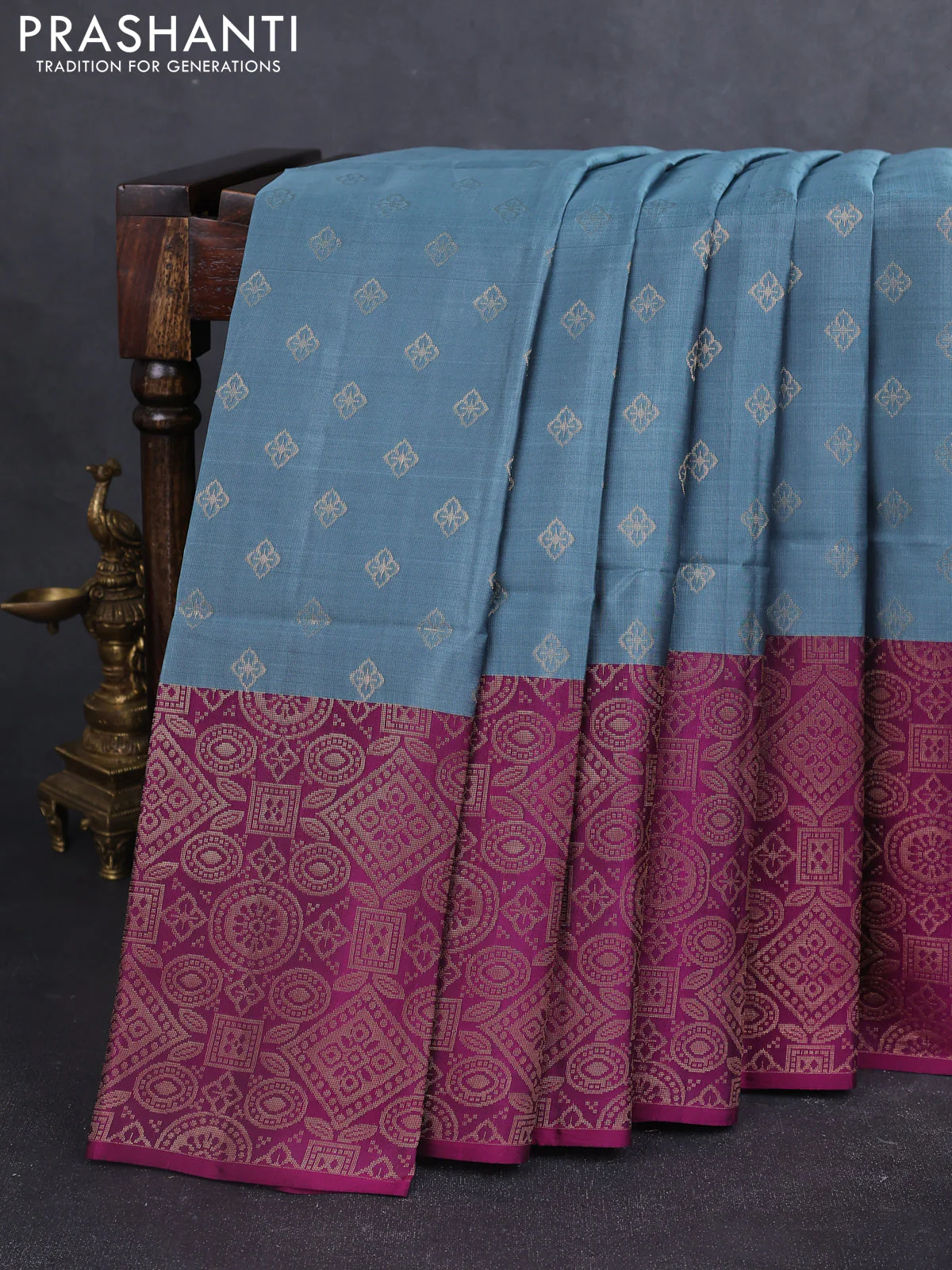 Kanchipuram soft silk saree grey and magenta pink with allover zari woven buttas and long zari woven border