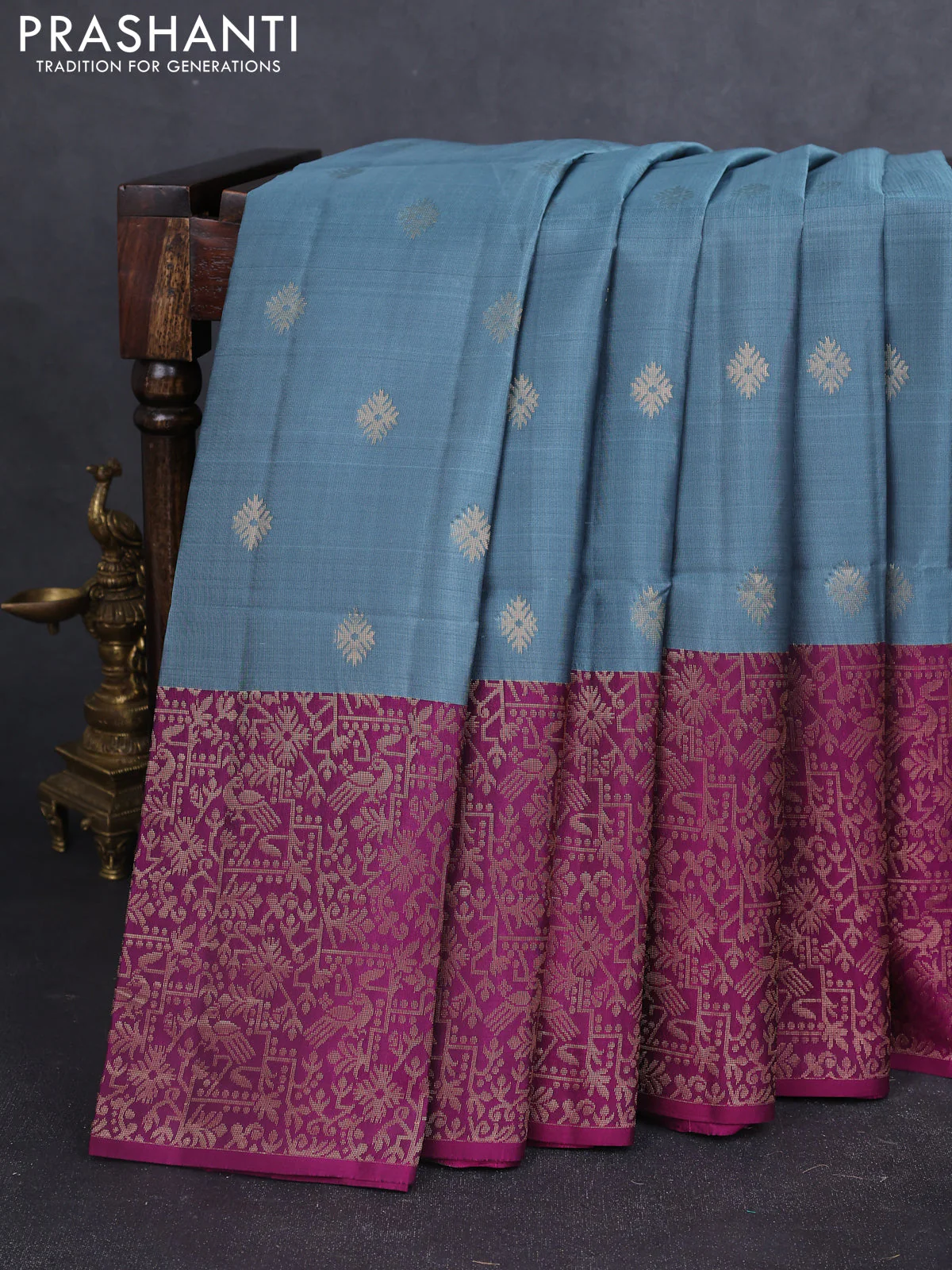 Kanchipuram soft silk saree grey and magenta pink with allover zari woven buttas and zari woven border