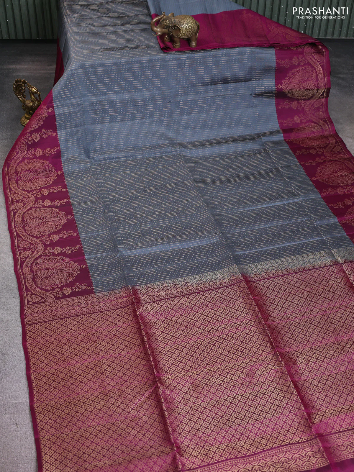 Kanchipuram soft silk saree grey and purple with allover zari weaves and long zari woven border - Image 2