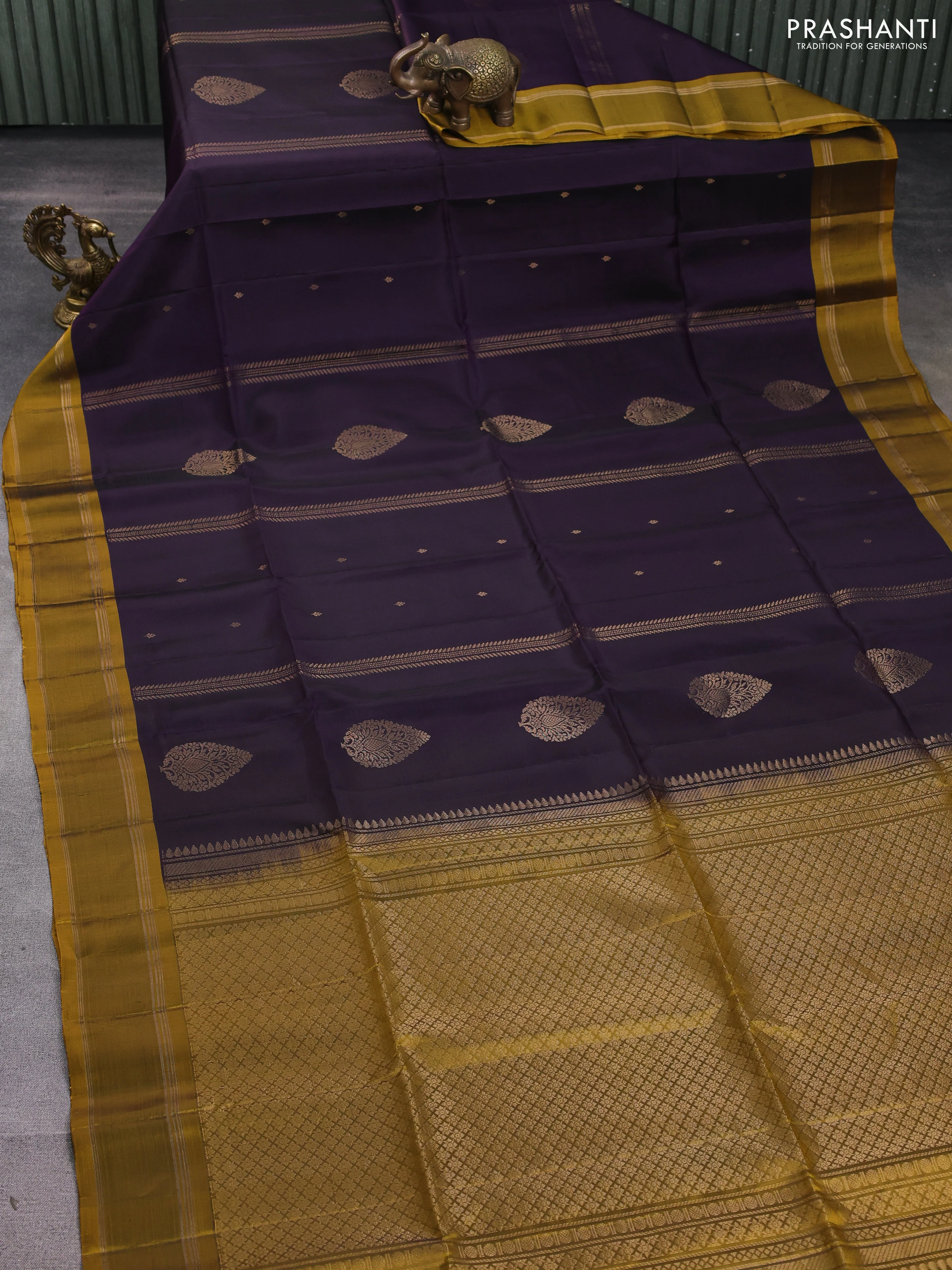 Kanchipuram soft silk saree jamun shade and mustard yellow with zari woven buttas and rettapet zari woven border - Image 2