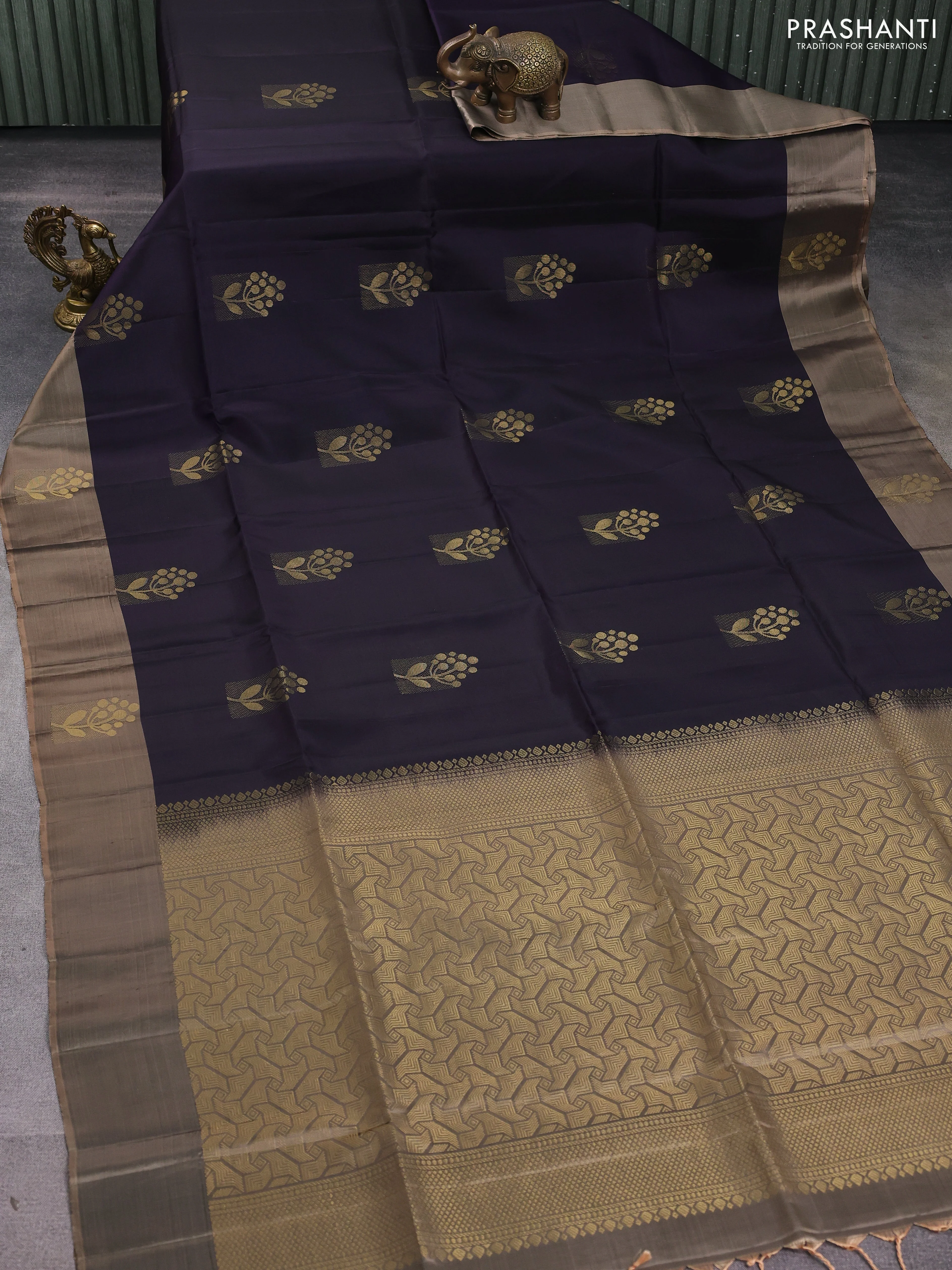 Kanchipuram soft silk saree jamun shade and pastel brown with zari woven buttas and zari woven butta border - Image 2