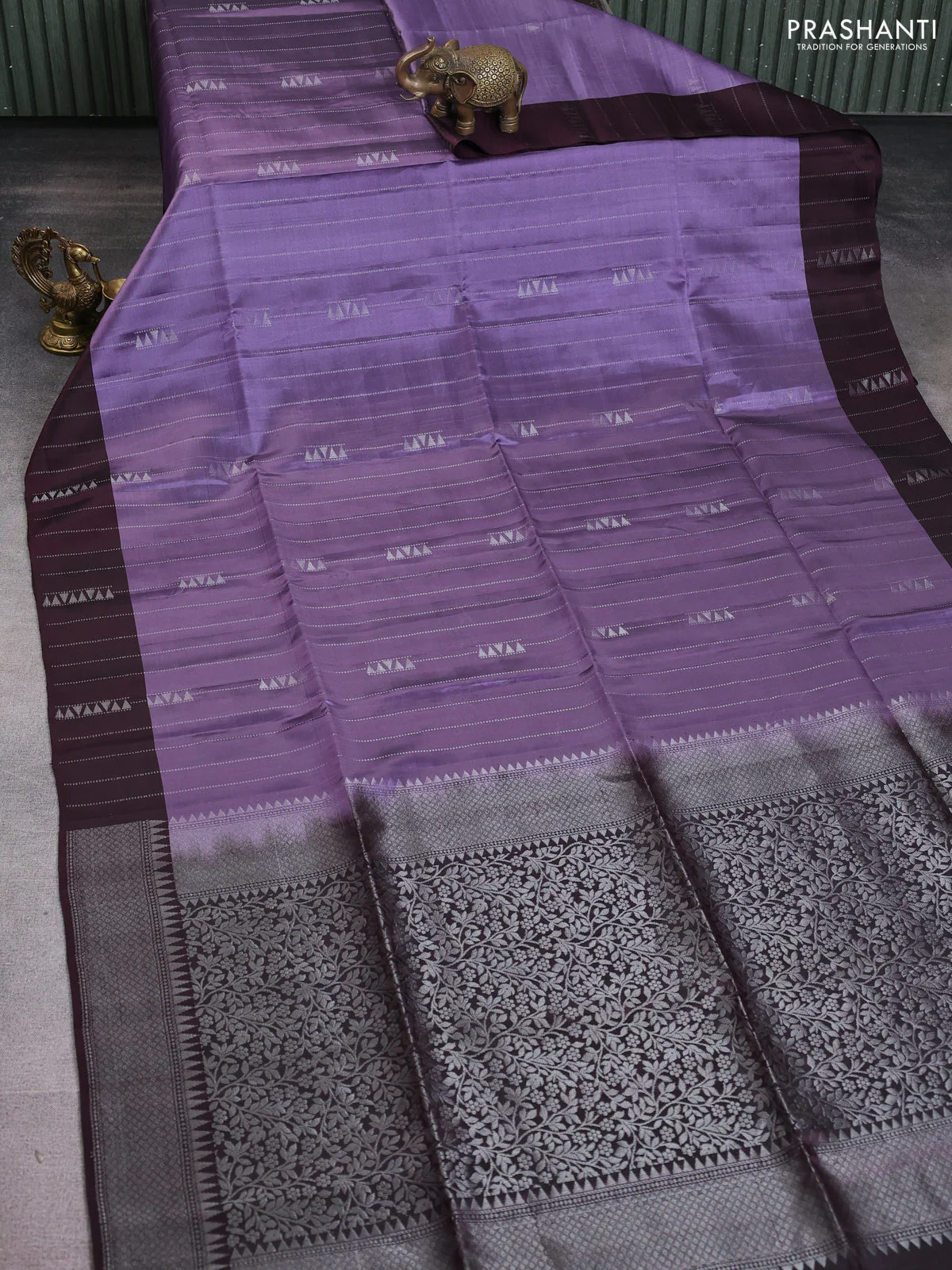 Kanchipuram soft silk saree lavender shade and wine shade with allover silver zari weaves and silver zari woven border - Image 2