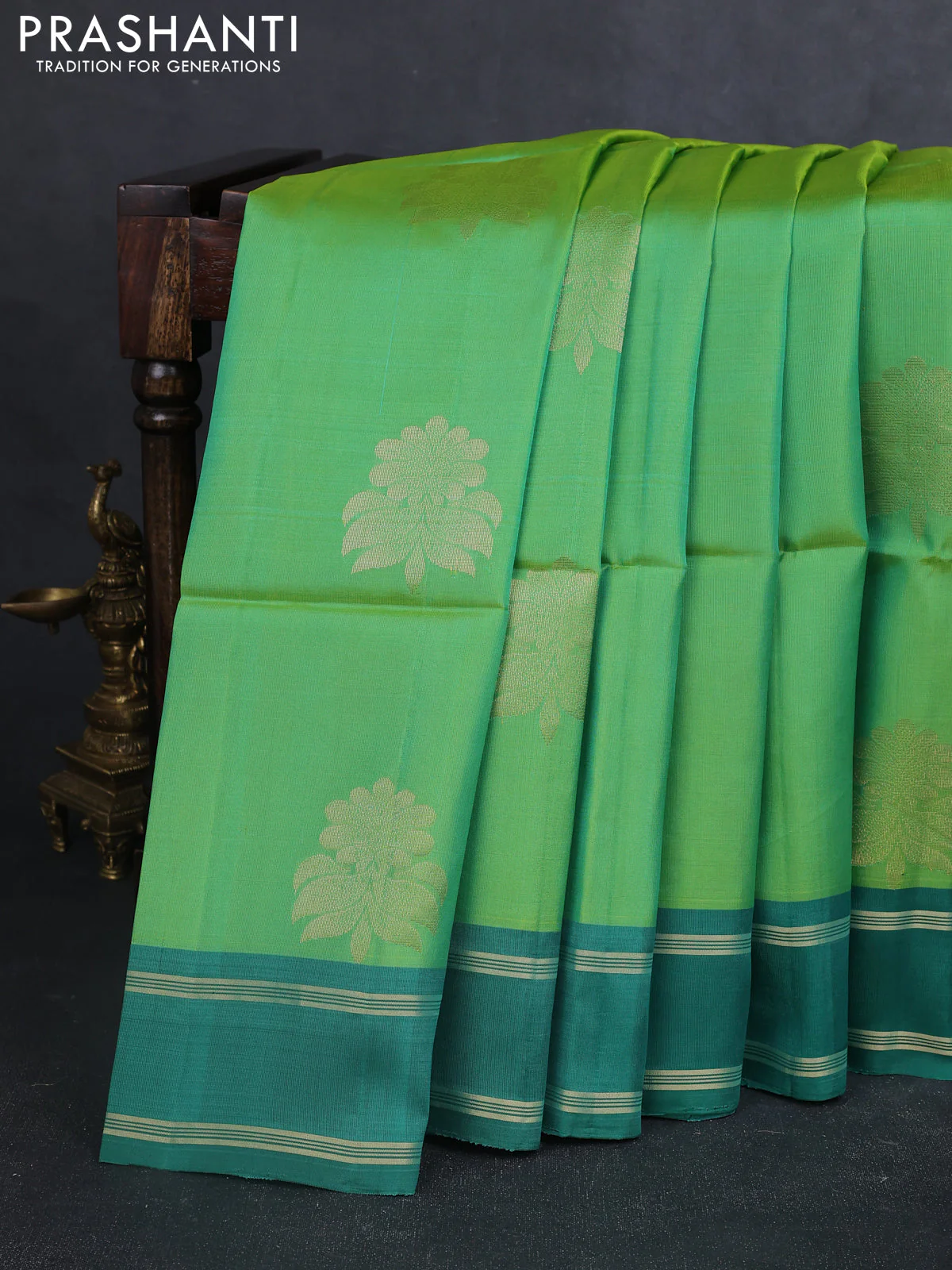 Kanchipuram soft silk saree light green and green with zari woven buttas and rettapet zari woven border