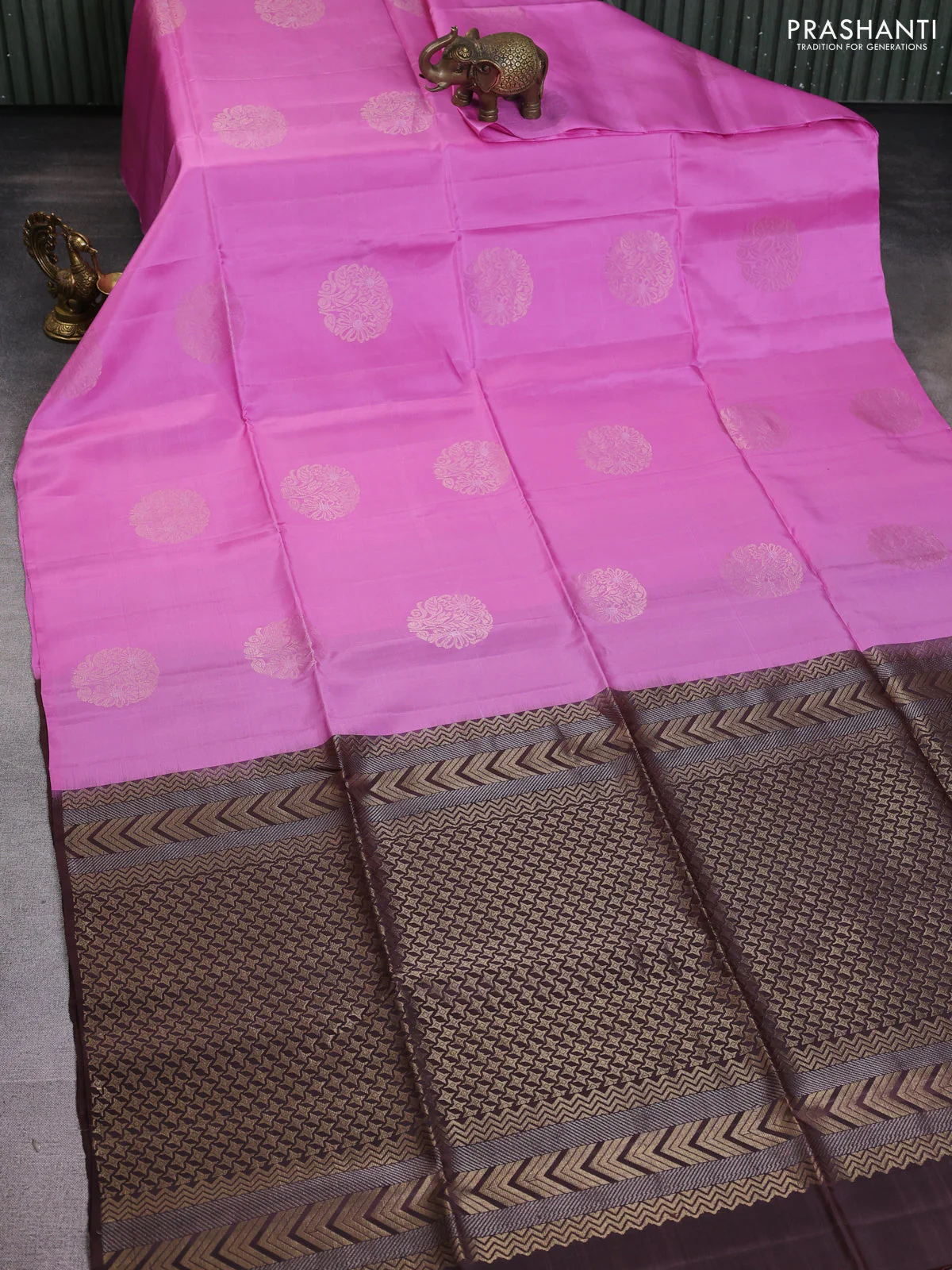 Kanchipuram soft silk saree lotus pink and brown with zari woven buttas in borderless style - Image 2