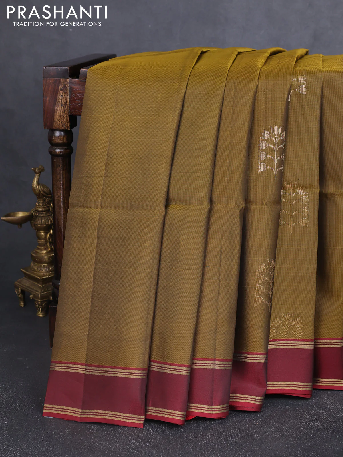Kanchipuram soft silk saree mehendi green and maroon with zari woven buttas and rettapet zari woven border