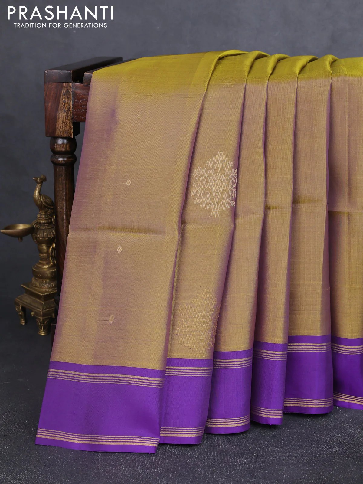 Kanchipuram soft silk saree mehendi green and violet with zari woven buttas and rettapet zari woven border