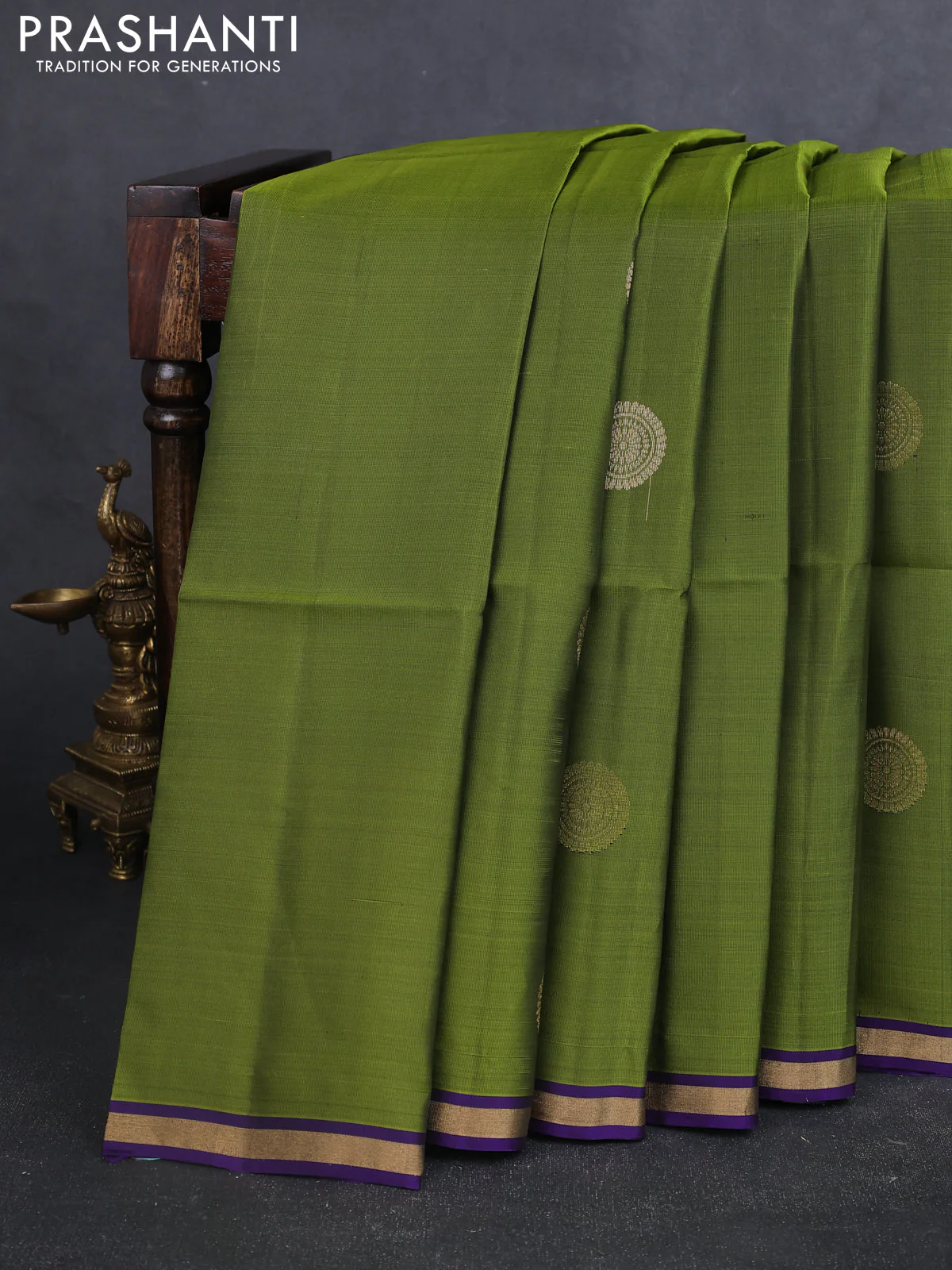 Kanchipuram soft silk saree mehendi green and violet with zari woven buttas and zari woven border