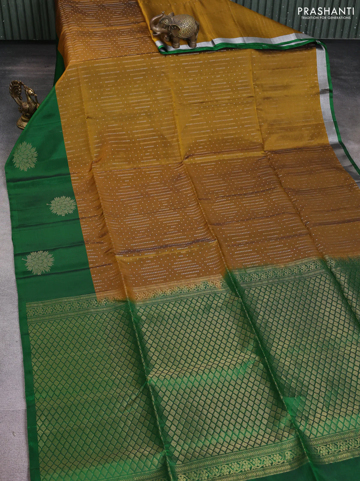 Kanchipuram soft silk saree mustard green and green with allover silver & gold zari weaves and zari woven butta border - Image 2