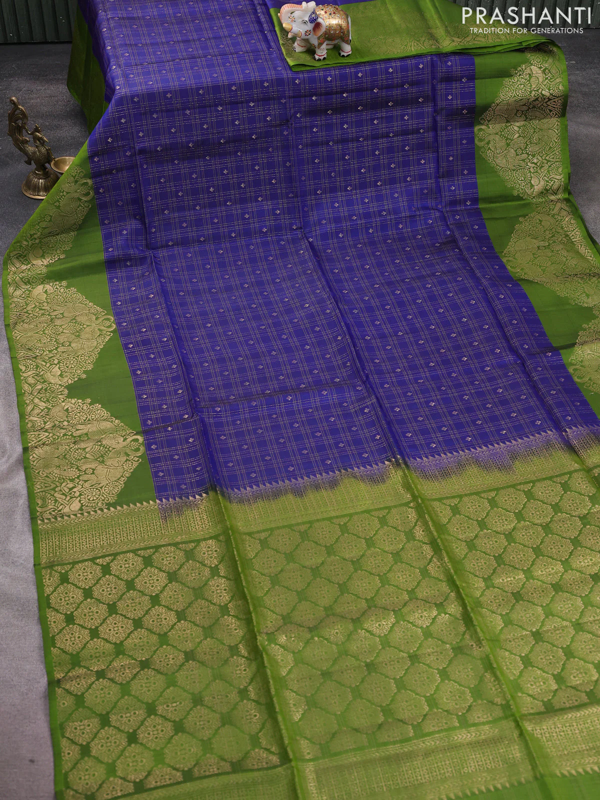 Kanchipuram soft silk saree navy blue and light green with allover zari checks & buttas and long zari woven border - Image 2