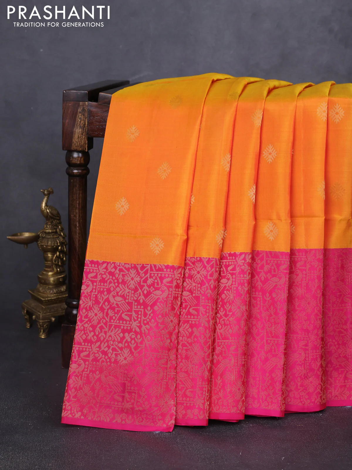 Kanchipuram soft silk saree orange and dark pink with allover zari woven buttas and long zari woven border