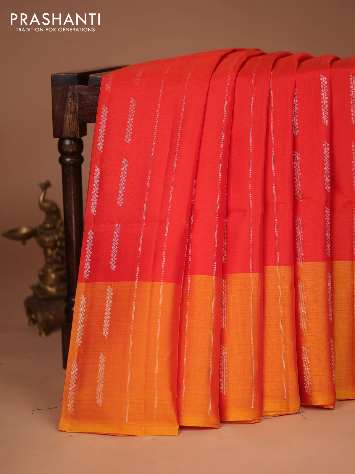 Kanchipuram soft silk saree orange and dual shade of yellow with allover silver zari weaves and silver zari woven border