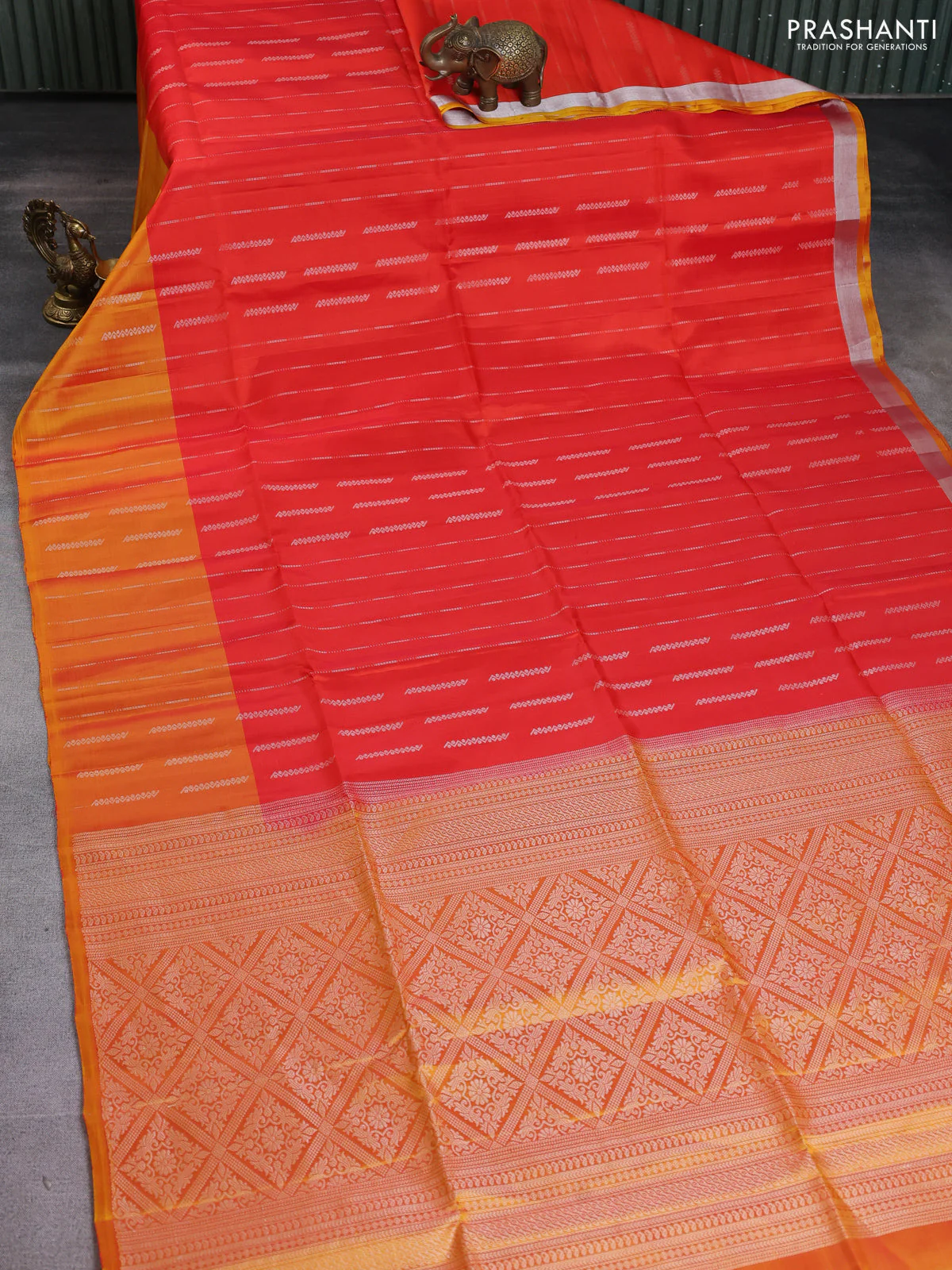 Kanchipuram soft silk saree orange and dual shade of yellow with allover silver zari weaves and silver zari woven border - Image 2