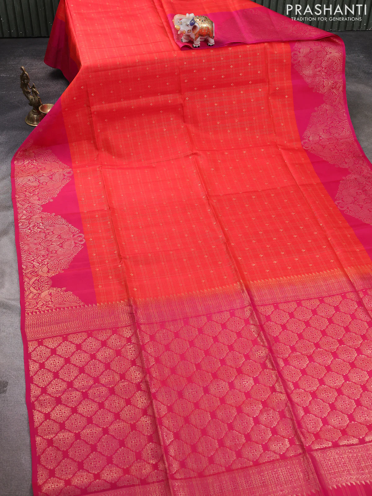 Kanchipuram soft silk saree orange and pink with allover zari checks & buttas and long zari woven border - Image 2