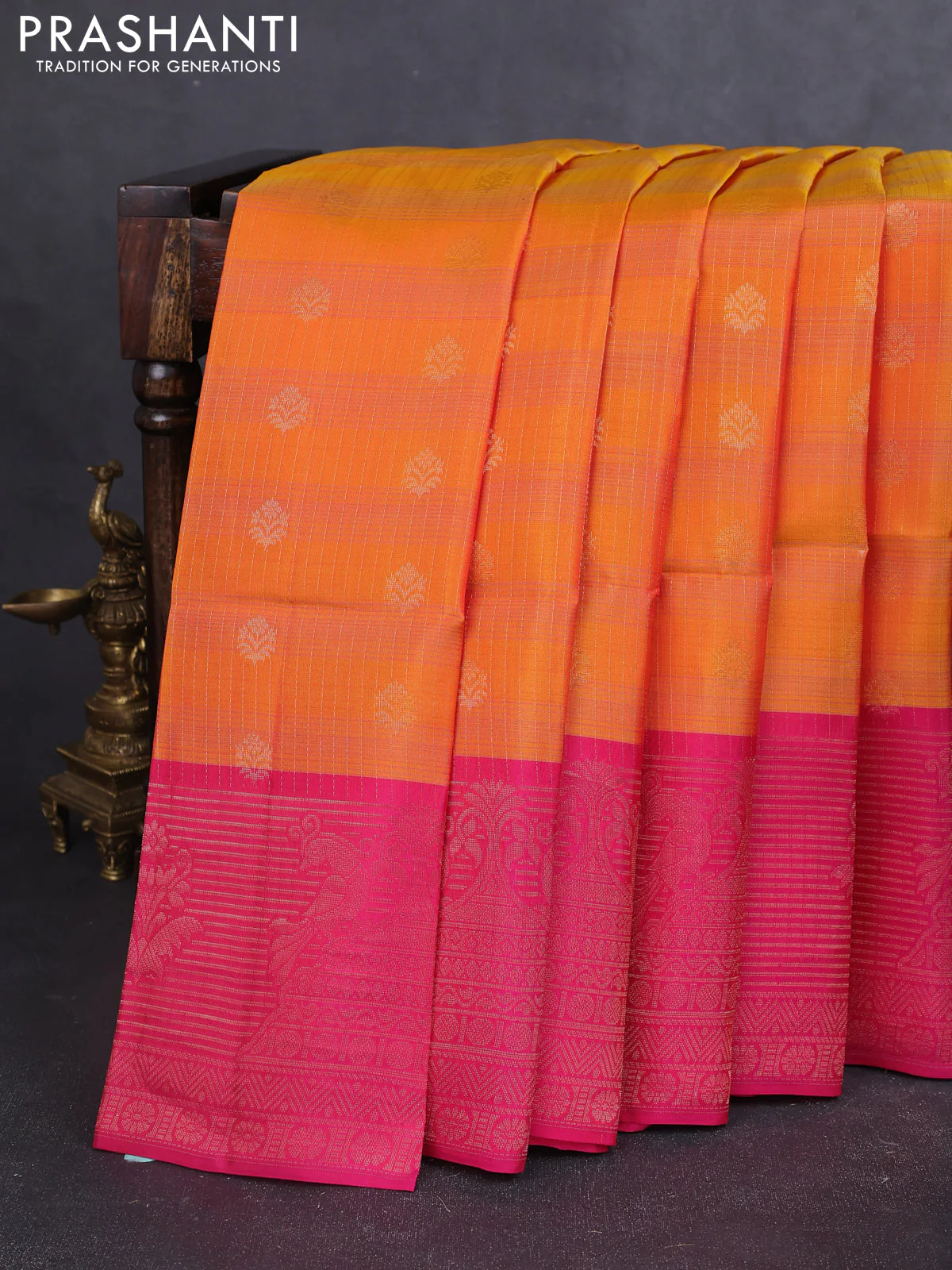 Kanchipuram soft silk saree orange and pink with allover zari stripes & buttas and long zari woven butta border
