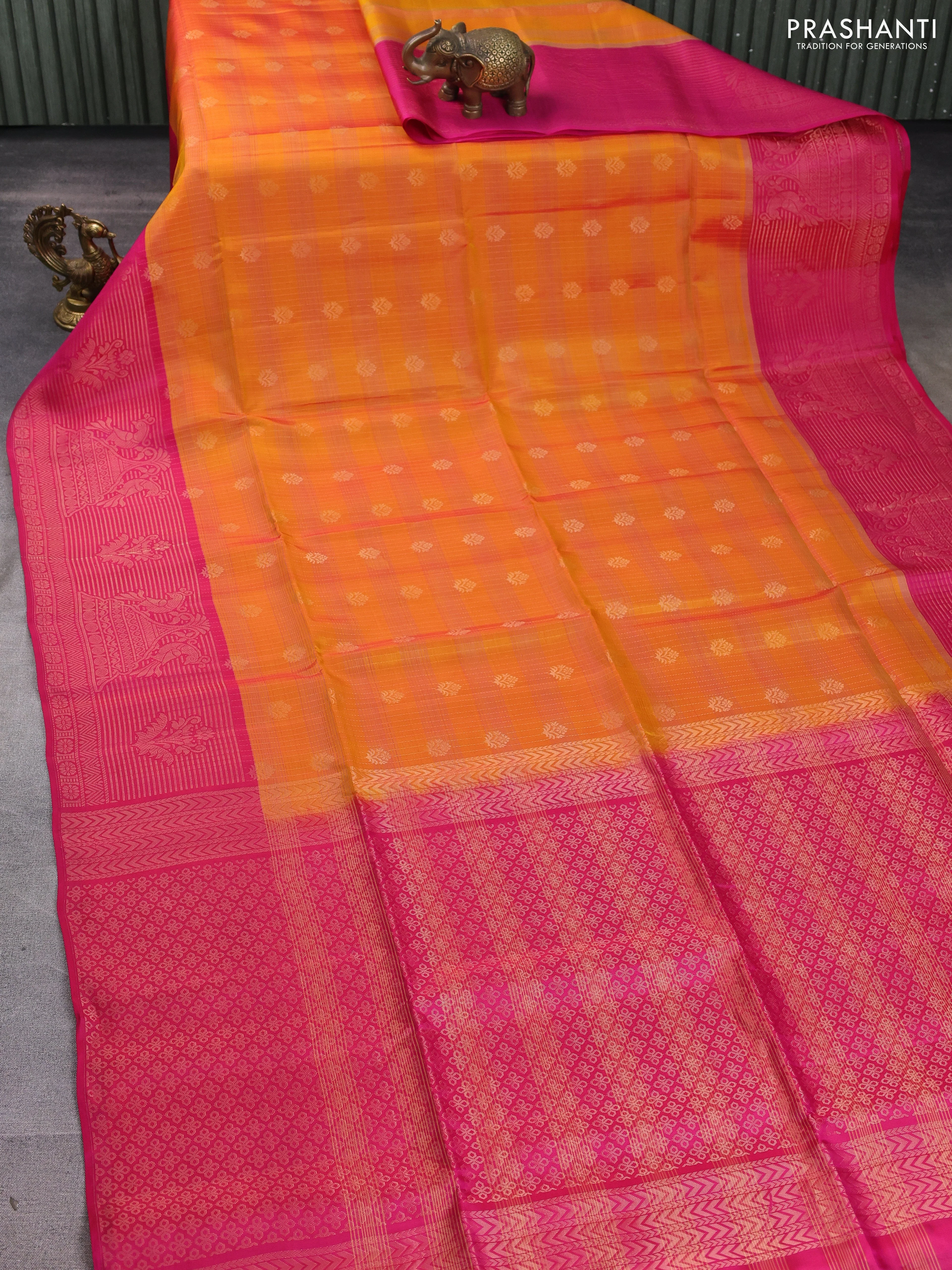 Kanchipuram soft silk saree orange and pink with allover zari stripes & buttas and long zari woven butta border - Image 2