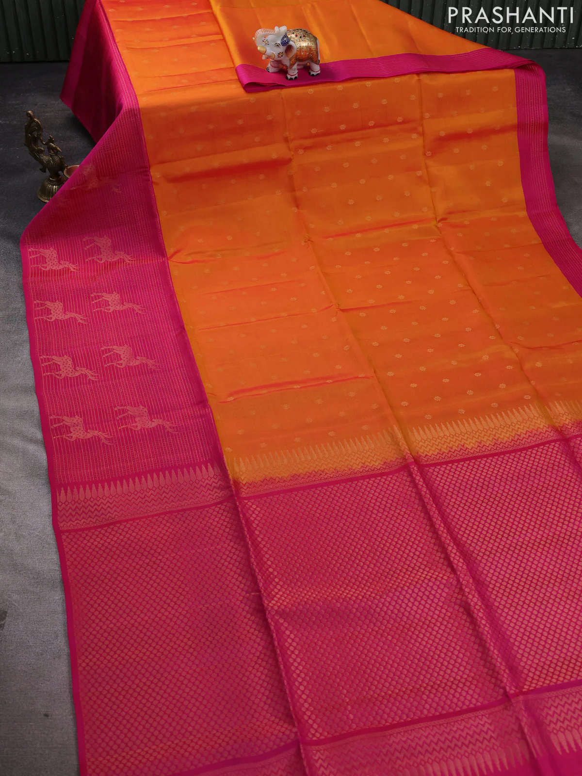 Kanchipuram soft silk saree orange and pink with allover zari woven buttas and long zari woven border - Image 2