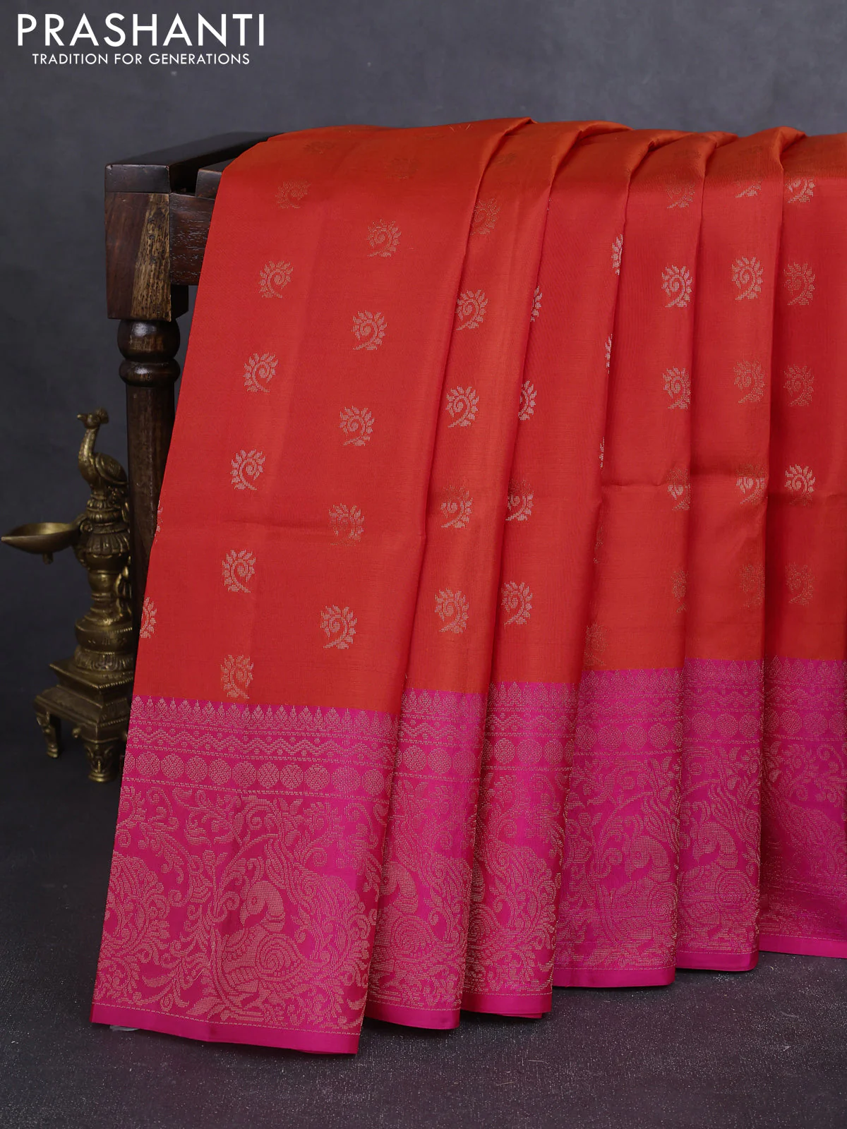 Kanchipuram soft silk saree orange and pink with allover zari woven buttas and long zari woven border
