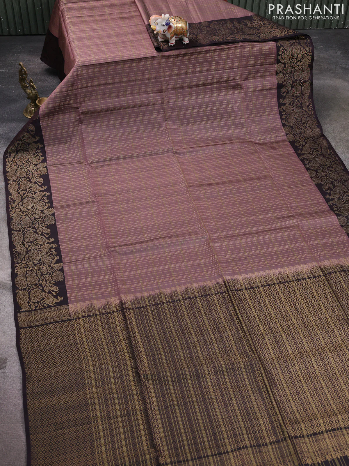 Kanchipuram soft silk saree pastel brown and coffee brown with allover zari checked pattern and zari woven border - Image 2