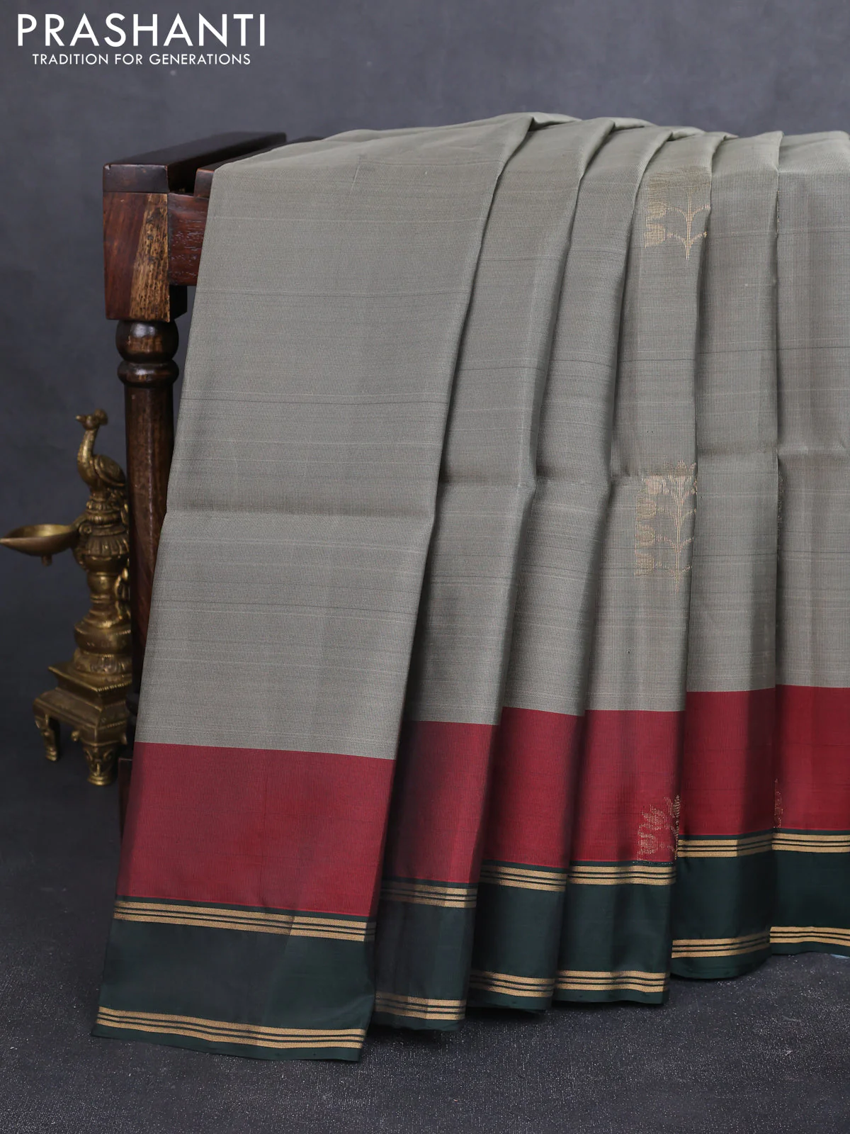 Kanchipuram soft silk saree pastel green and bottle green with zari woven buttas and rettapet zari woven border