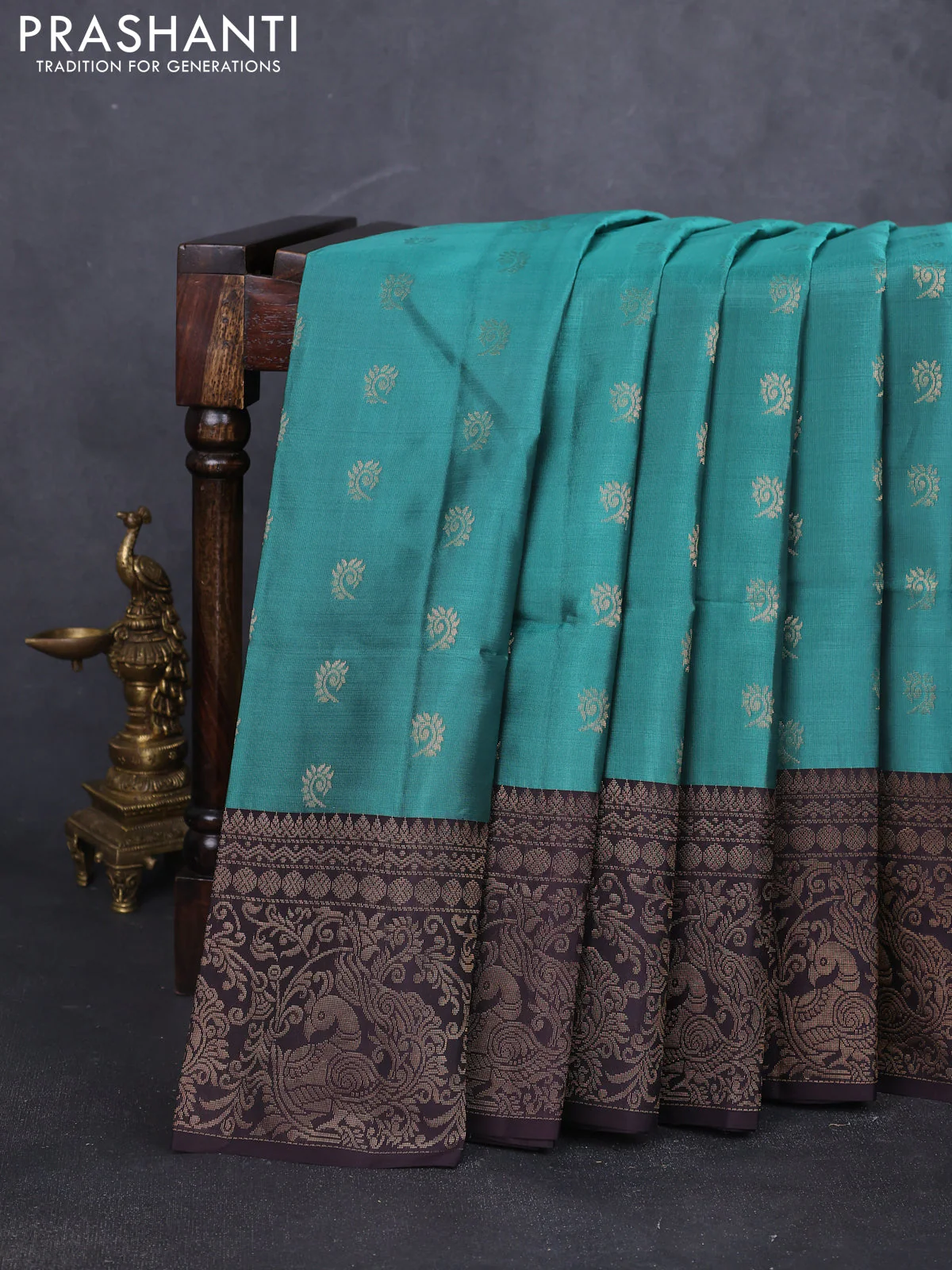 Kanchipuram soft silk saree pastel green and coffee brown with allover zari woven buttas and long zari woven border