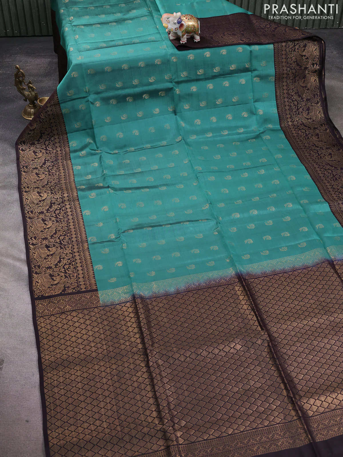 Kanchipuram soft silk saree pastel green and coffee brown with allover zari woven buttas and long zari woven border - Image 2