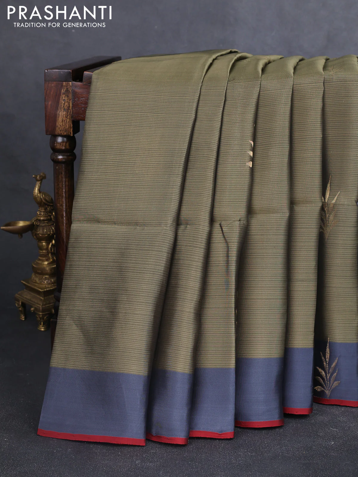Kanchipuram soft silk saree pastel green and grey with zari woven buttas and zari woven butta border