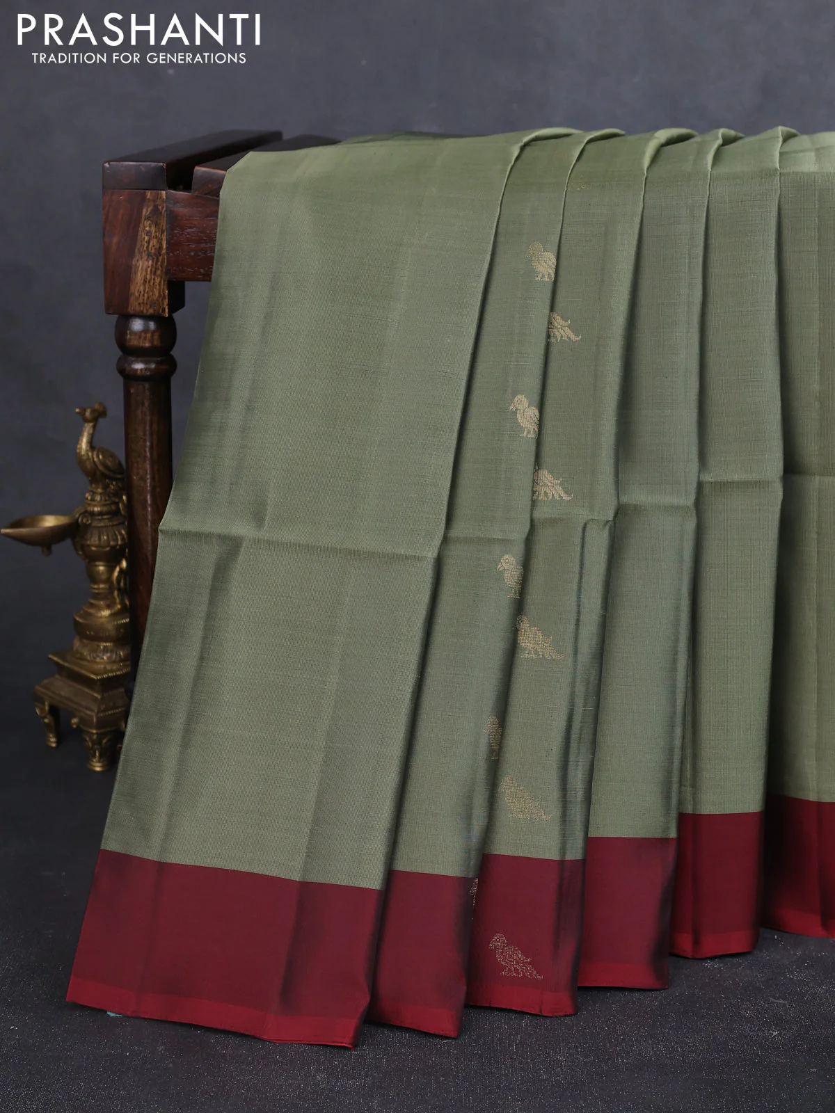 Kanchipuram soft silk saree pastel green and maroon with zari woven buttas and zari woven butta border