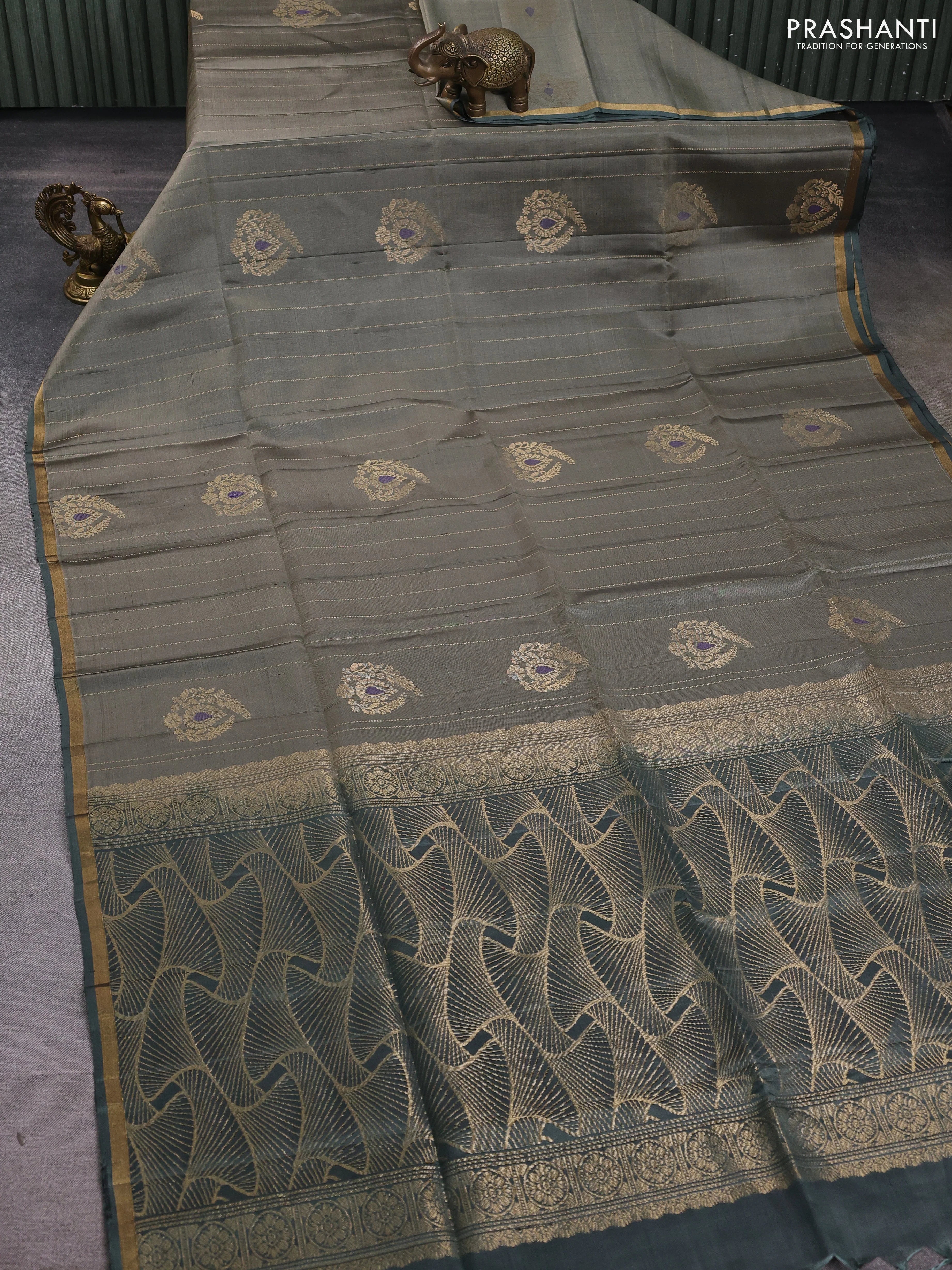 Kanchipuram soft silk saree pastel green with allover zari stripes & buttas and zari woven border - Image 2