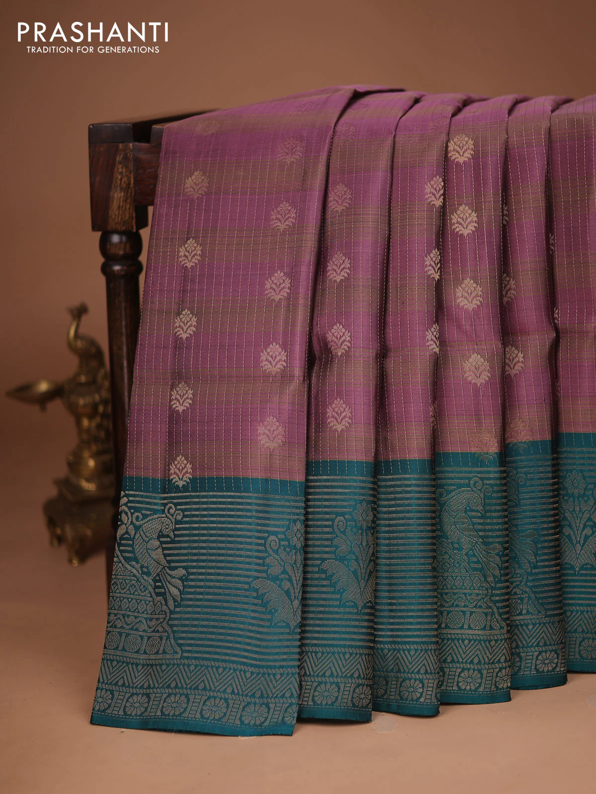 Kanchipuram soft silk saree pastel purple and teal green with allover zari weaves and long zari woven border
