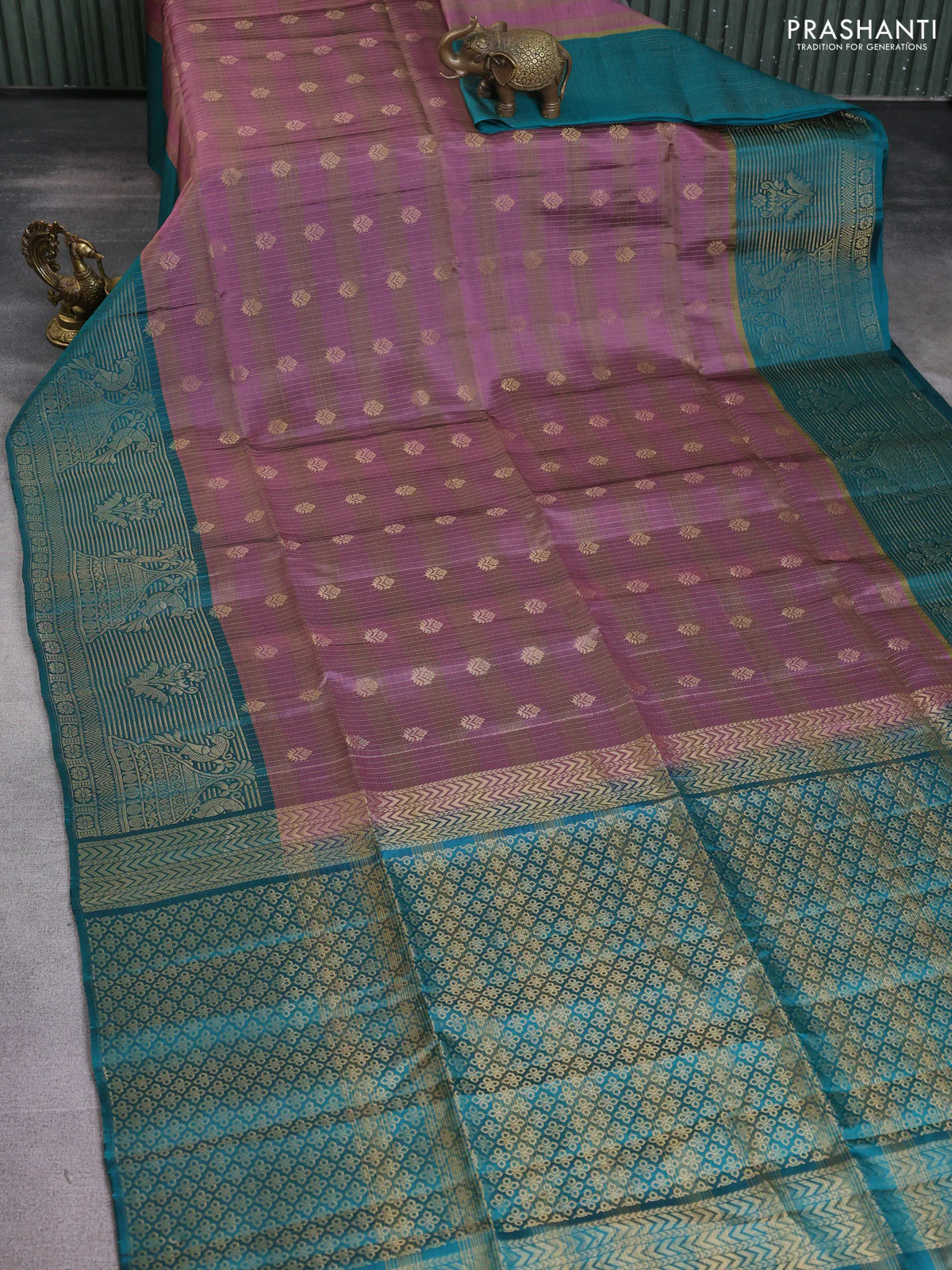 Kanchipuram soft silk saree pastel purple and teal green with allover zari weaves and long zari woven border - Image 2