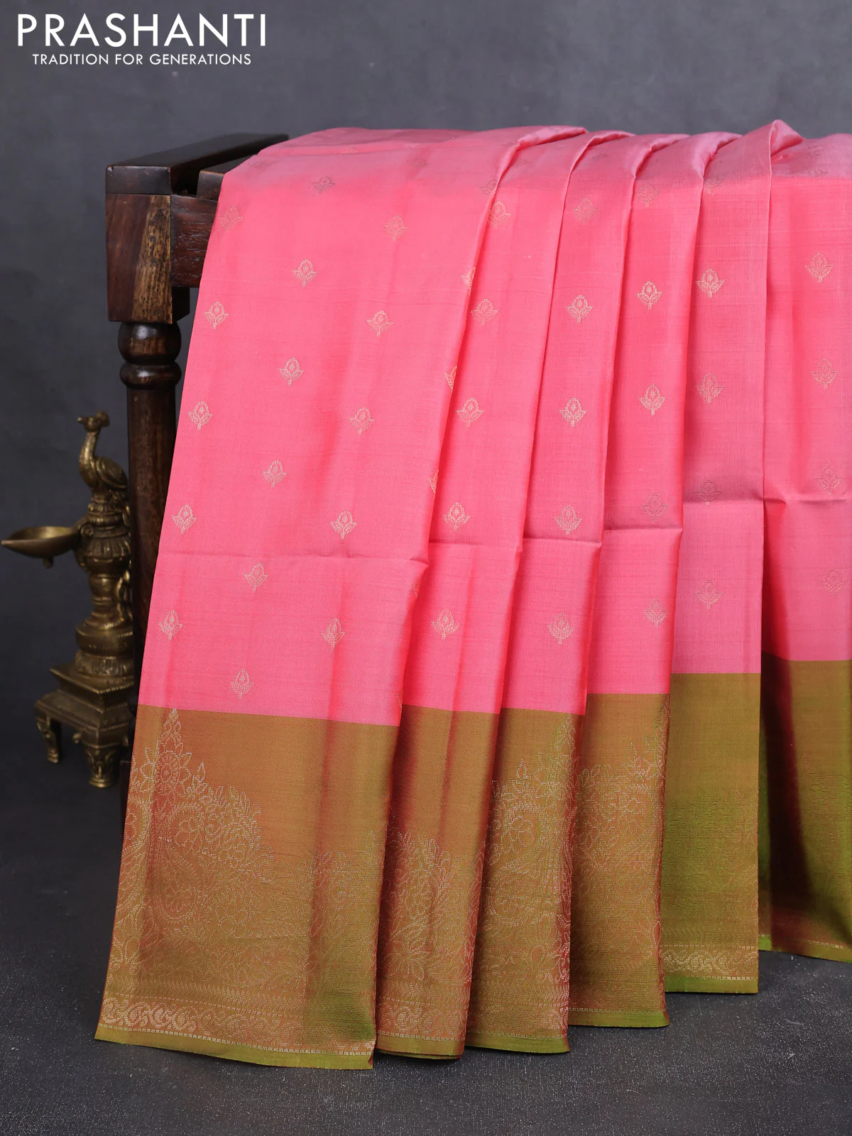 Kanchipuram soft silk saree peach pink and light green with allover zari woven buttas and zari woven border