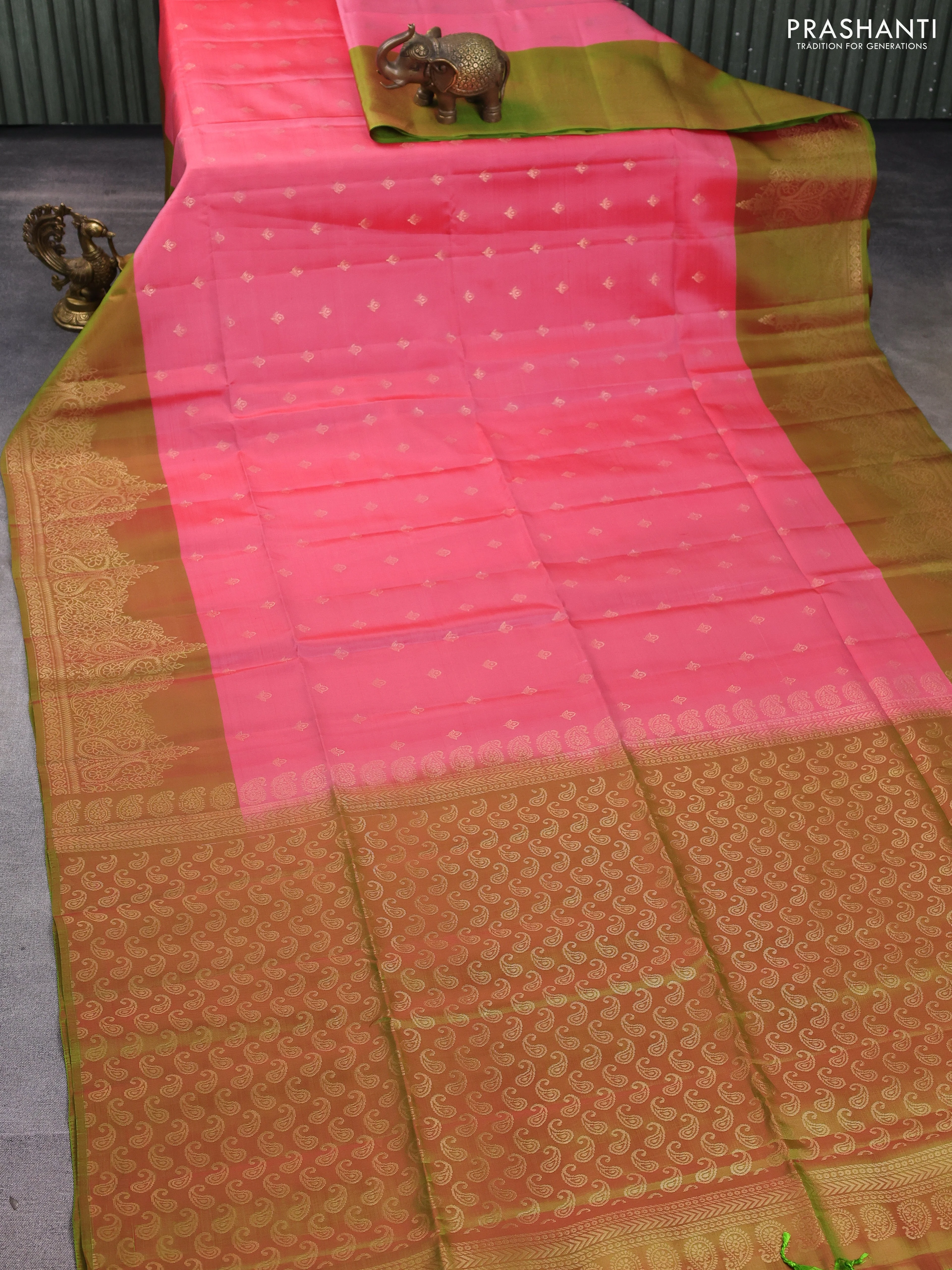 Kanchipuram soft silk saree peach pink and light green with allover zari woven buttas and zari woven border - Image 2
