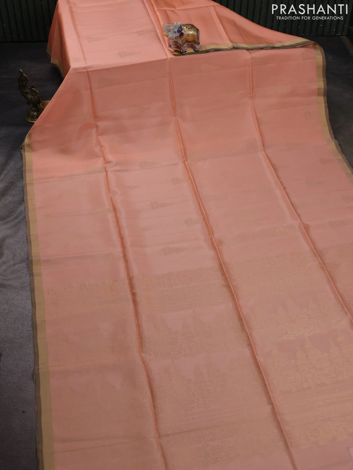 Kanchipuram soft silk saree peach shade with zari woven buttas and zari woven border - Image 2