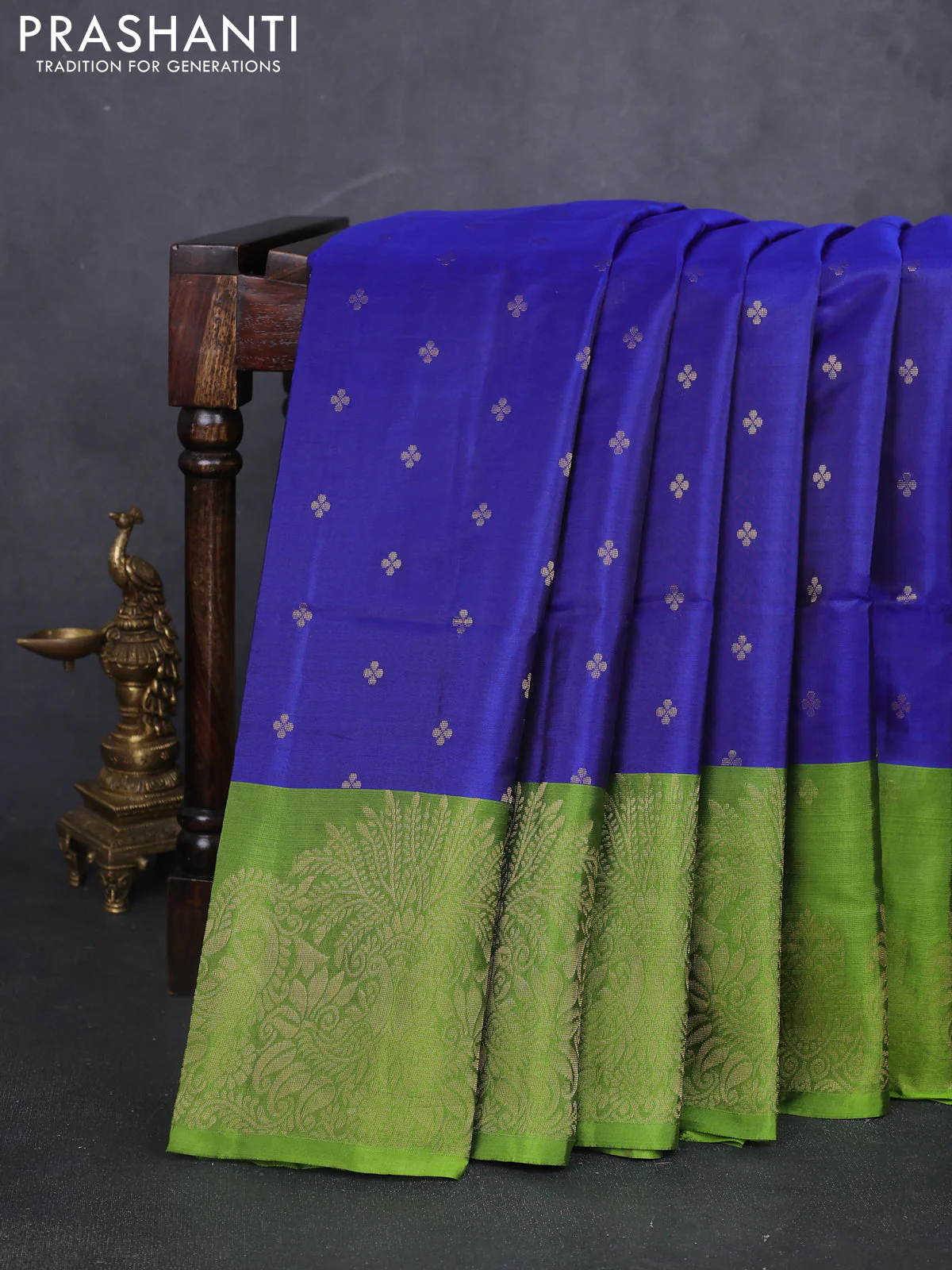 Kanchipuram soft silk saree peacock blue and light green with allover zari woven buttas and long zari woven border
