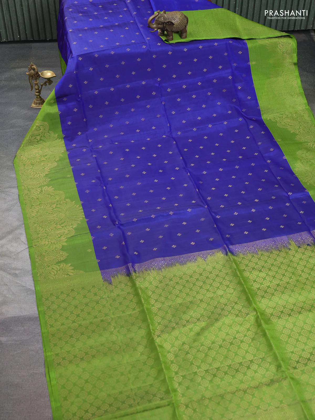 Kanchipuram soft silk saree peacock blue and light green with allover zari woven buttas and long zari woven border - Image 2