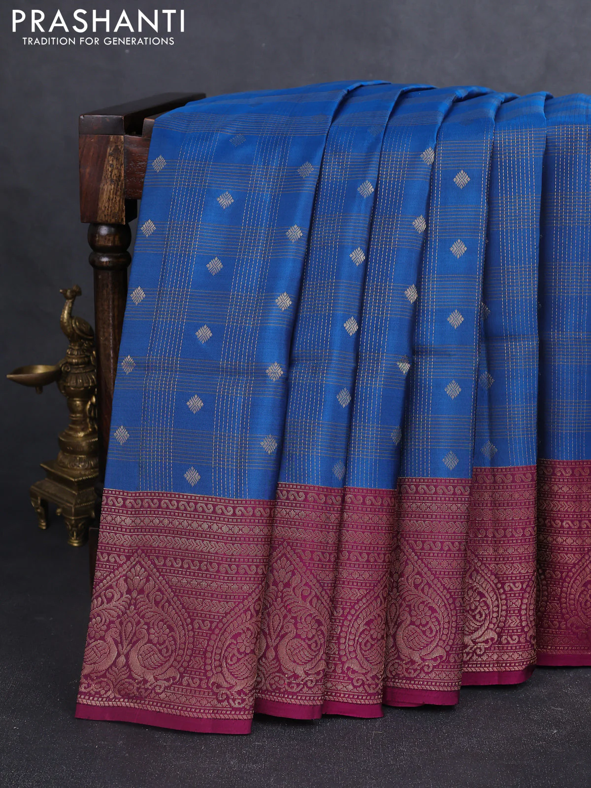 Kanchipuram soft silk saree peacock blue and magenta pink with allover zari checks & buttas and long zari woven border