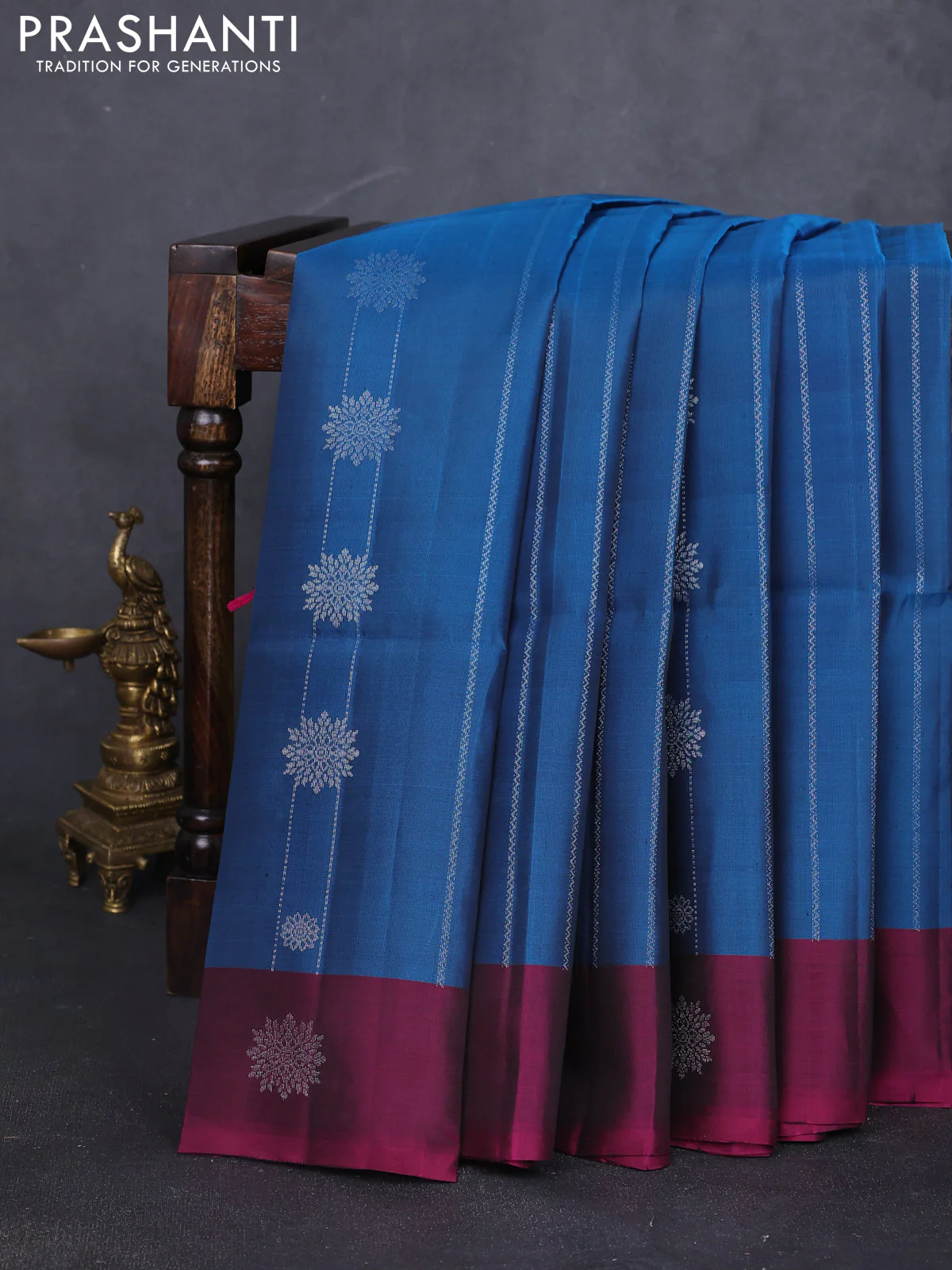 Kanchipuram soft silk saree peacock blue and magenta pink with allover zari stripes & buttas and zari woven border